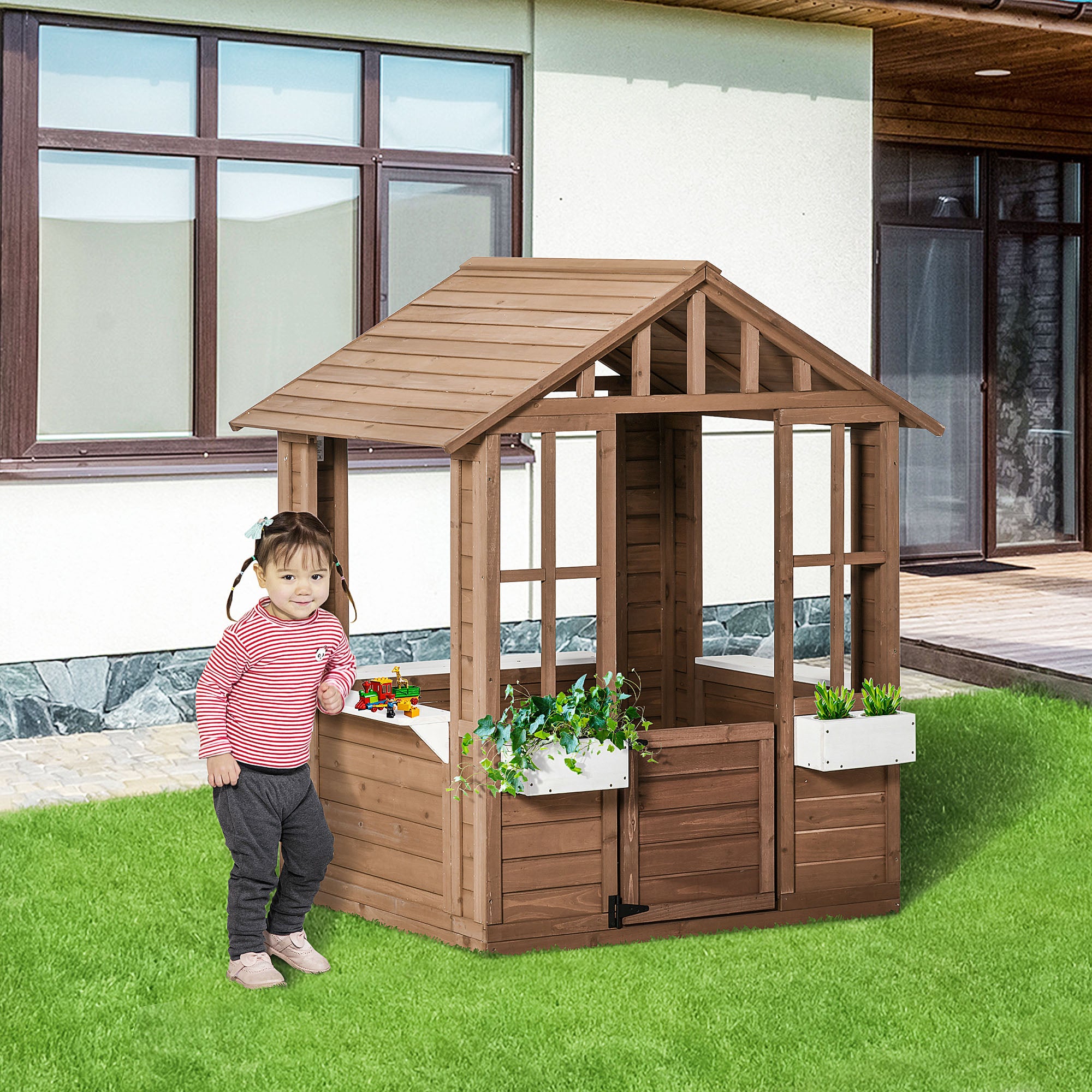 Kids Wooden Playhouse, Outdoor Garden Games Cottage with Flowers Pot Holder, Working Door, Windows, Brown