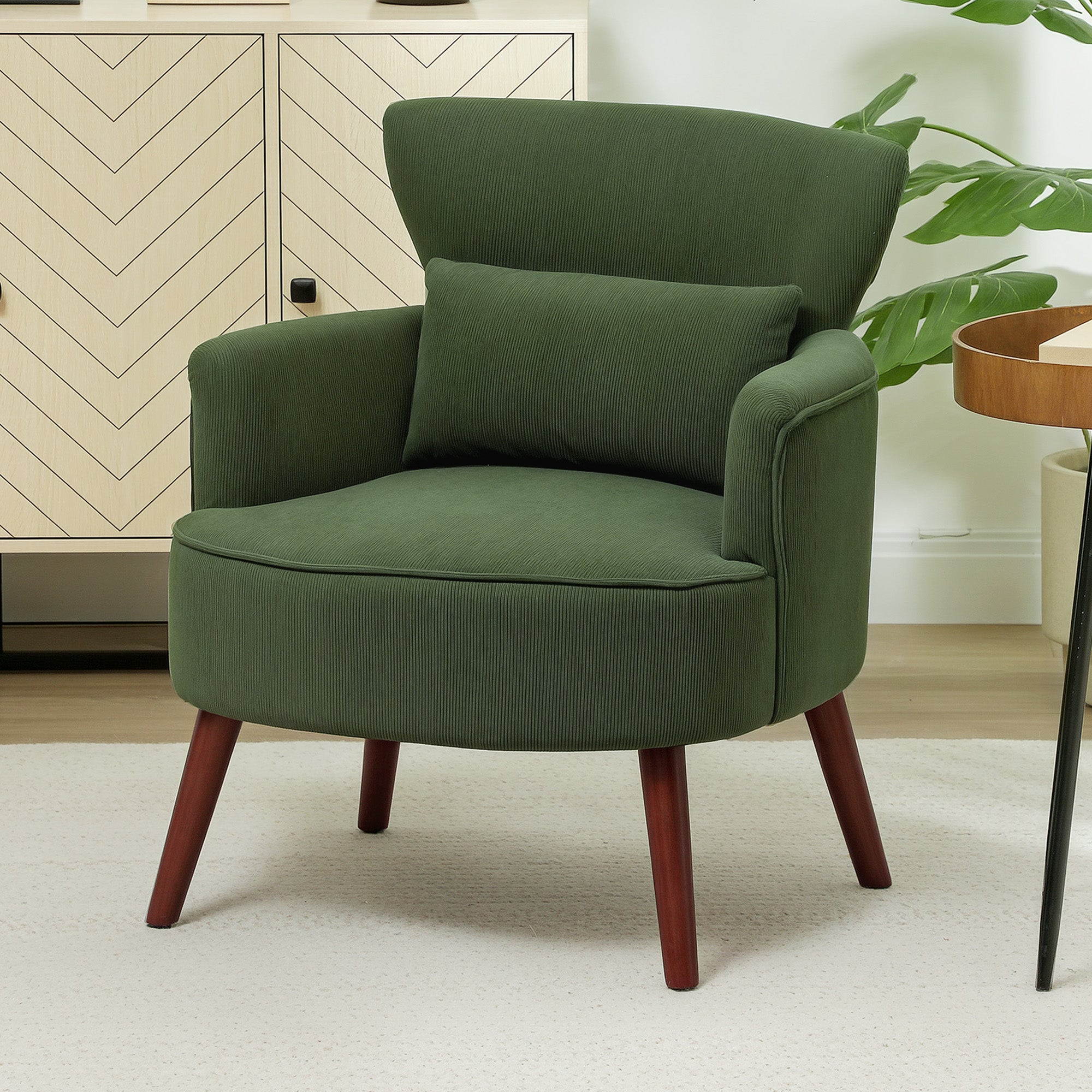 Modern Accent Chair, Upholstered Armchair with Solid Wood Legs and Lumbar Pillow for Living Room, Green