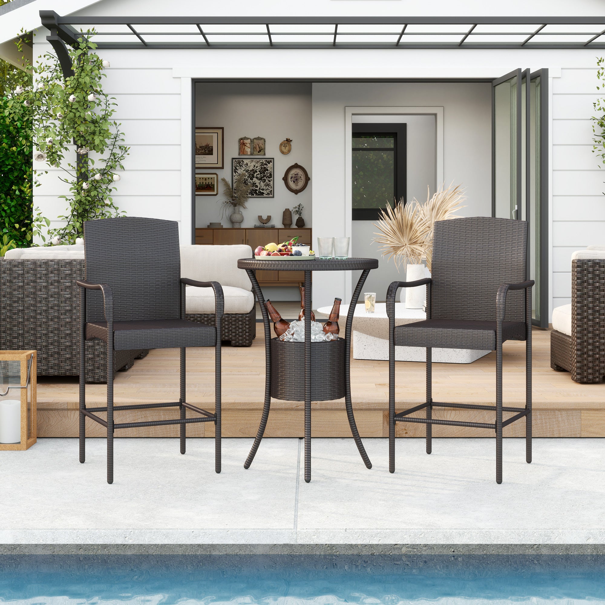 3 Pieces Patio Bar Set, Rattan Bistro Table and Chairs, Outdoor Conversation Furniture Set with Ice Bucket, Dark Brown
