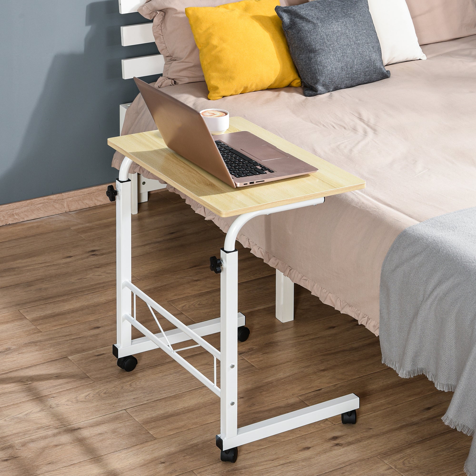 Mobile Standing Desk with Adjustable Height, 23.5 inch Stand Up Desk with Wheels, Natural Wood