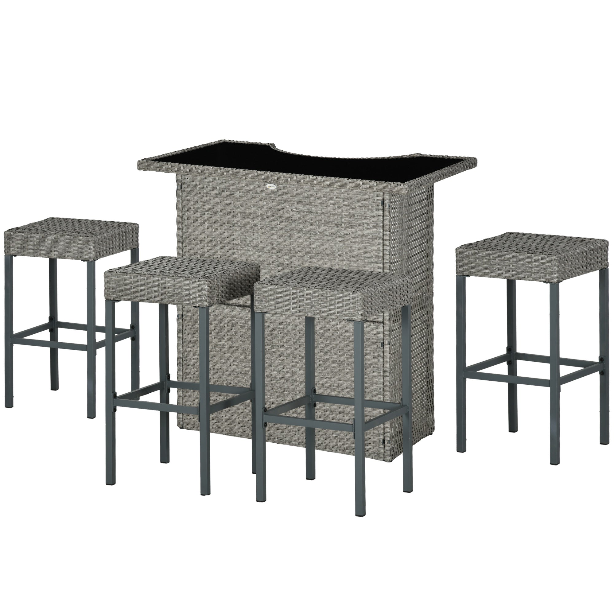 5 Pieces Patio Bar Set, Outdoor PE Rattan Wicker High Top Outdoor Table and Chairs Outdoor Bar Set with Tempered Glass Top Bar Table and Shelves, 4 Bar Chairs, Grey