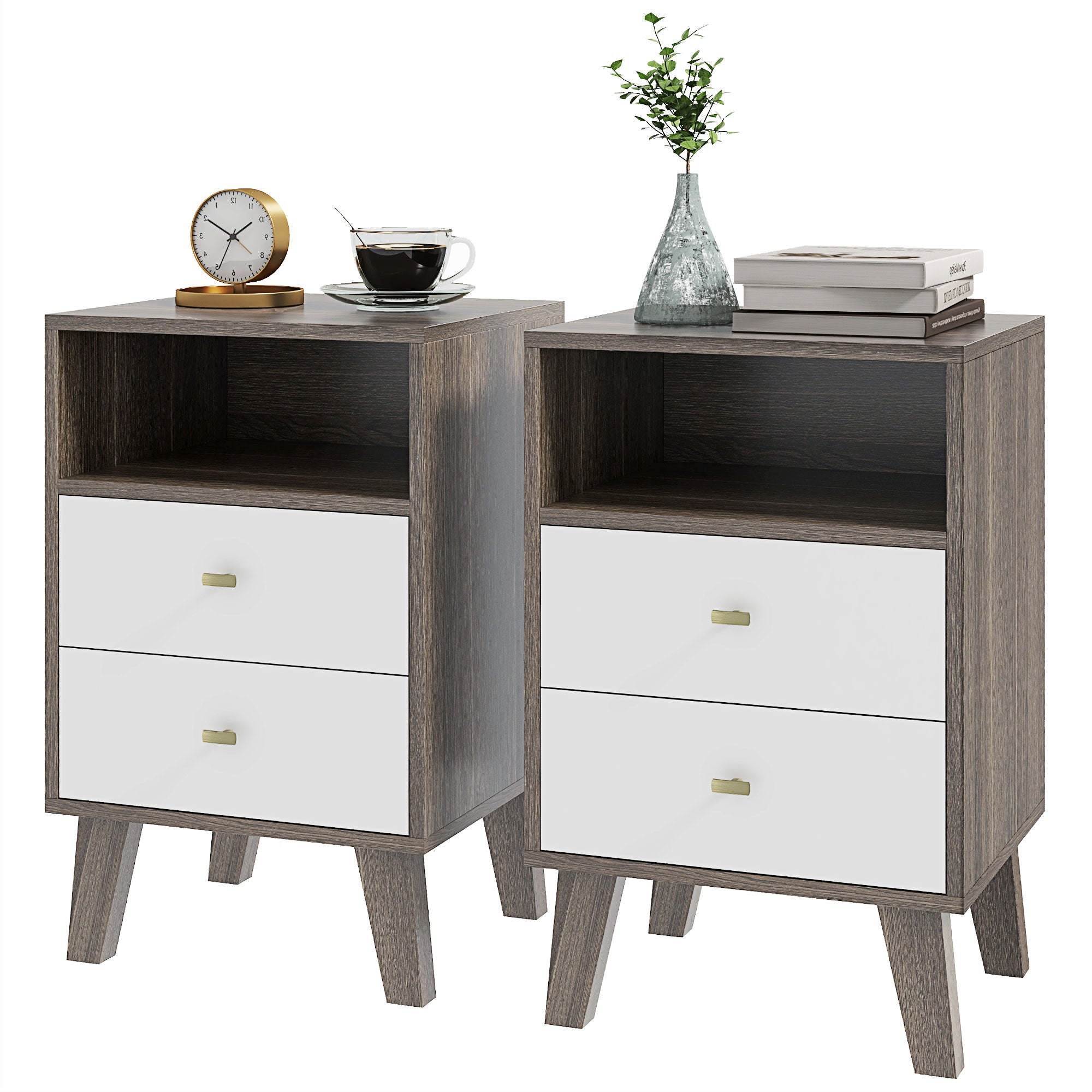 Nightstand Set of 2, Modern Bedside Table, Night Stand for Living Room with 2 Drawers and Open Storage, Grey