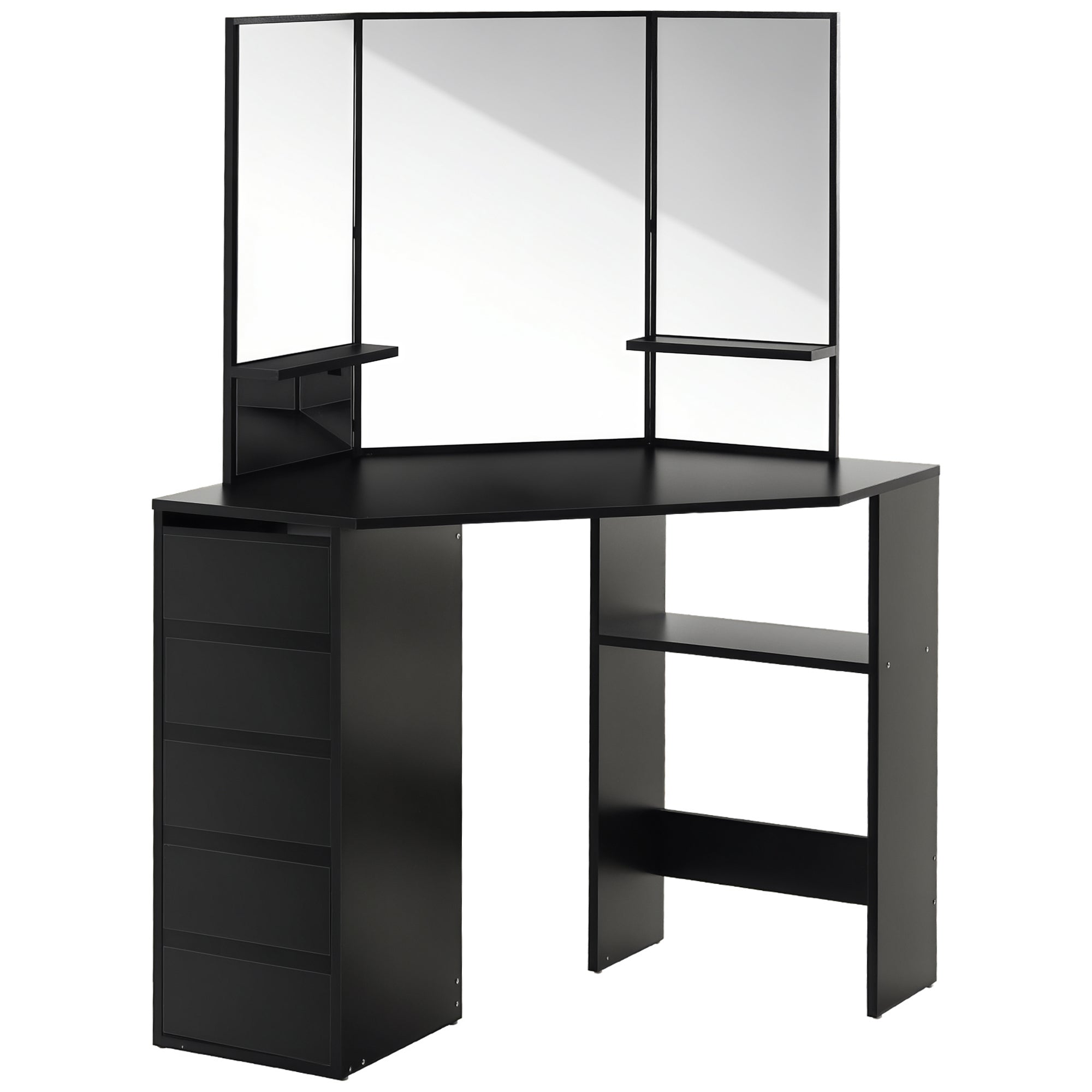 Corner Vanity Desk with Mirror, Makeup Vanity Table with 5 Drawers and Open Shelves, Dressing Table with 3-piece Mirror for Bedroom, Black