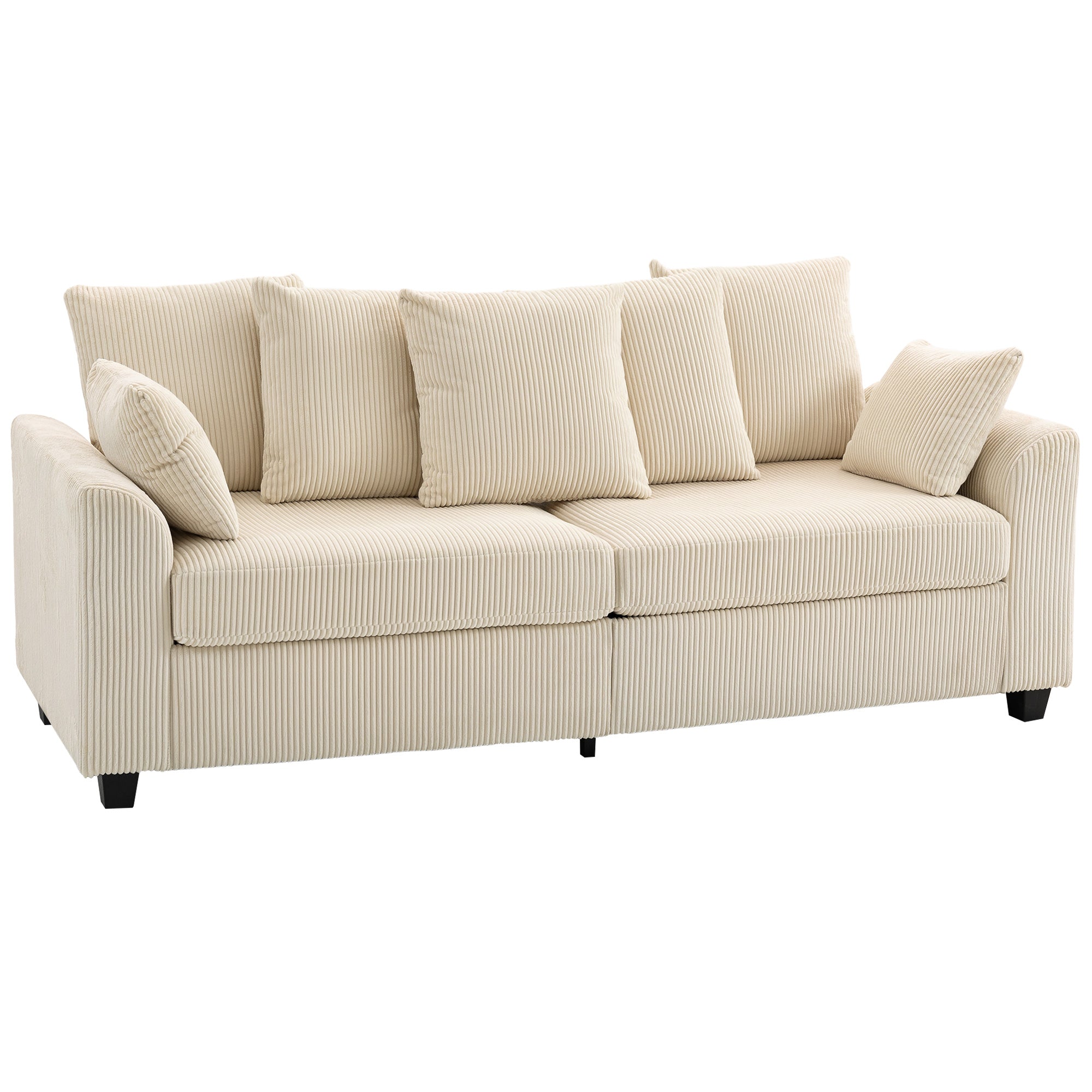 Corduroy Couch, 3 Seater Sofa, Modern Upholstered Couch with Curved Armrests and 8 Removable Pillows, Beige