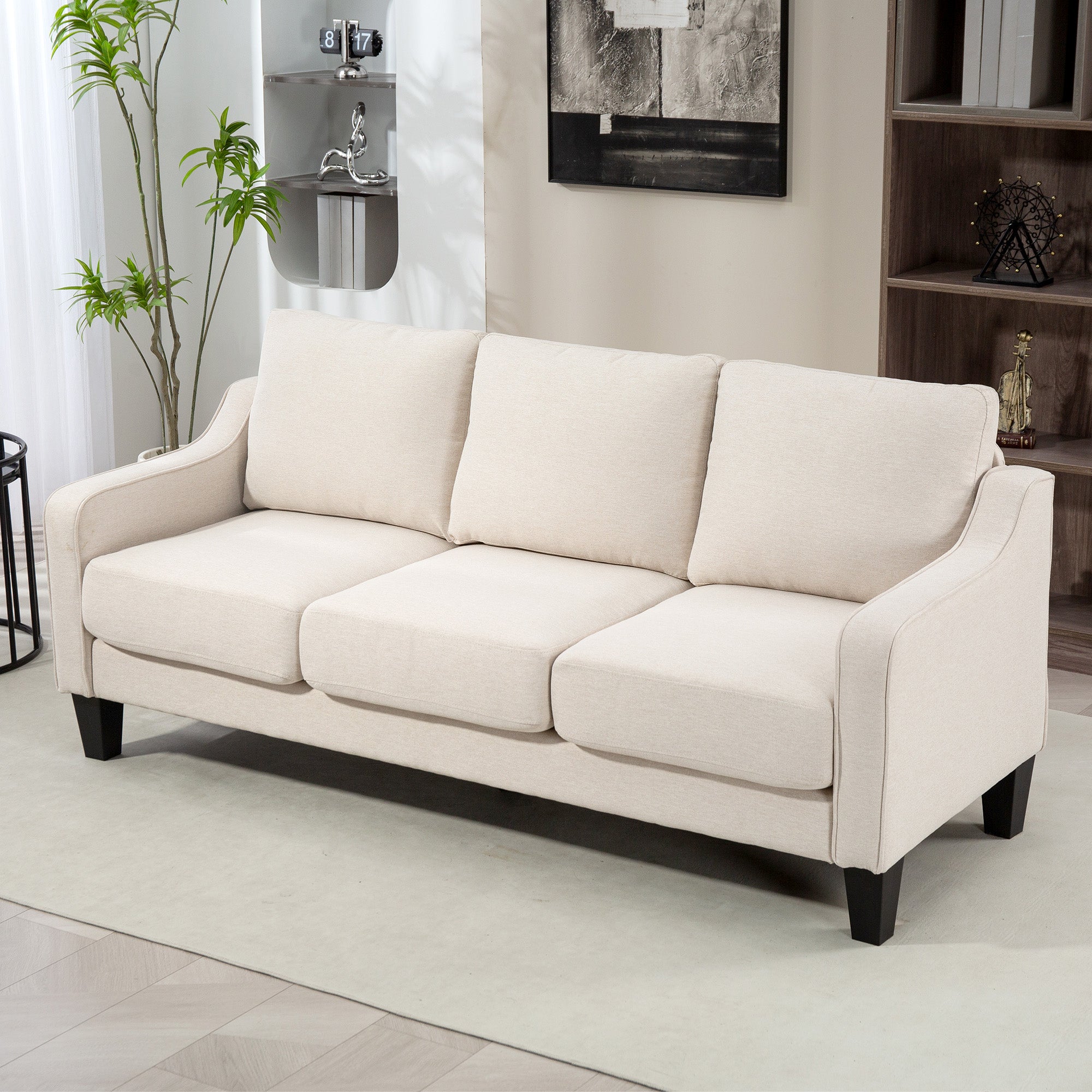 3 Seater Sofa, Modern Couch with Pocket Spring, Linen Upholstered, Thick Padded, Beige