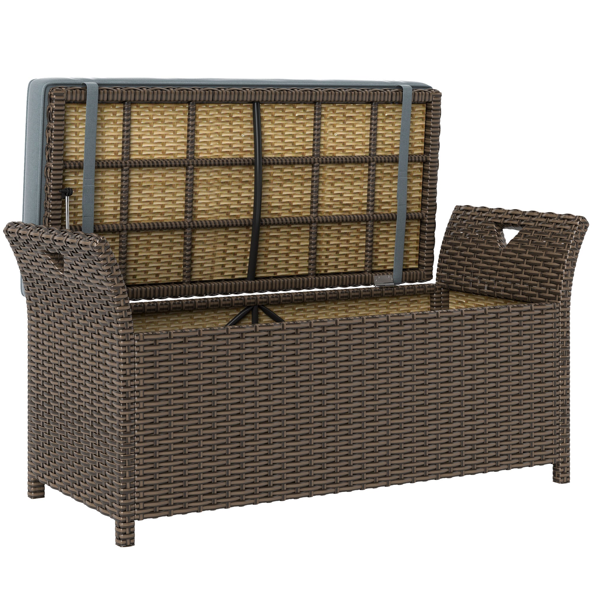 2-In-1 Outdoor PE Rattan Storage Bench, 29 Gallon Patio Wicker Furniture, Basket Box with Handles and Cushion Dark Grey