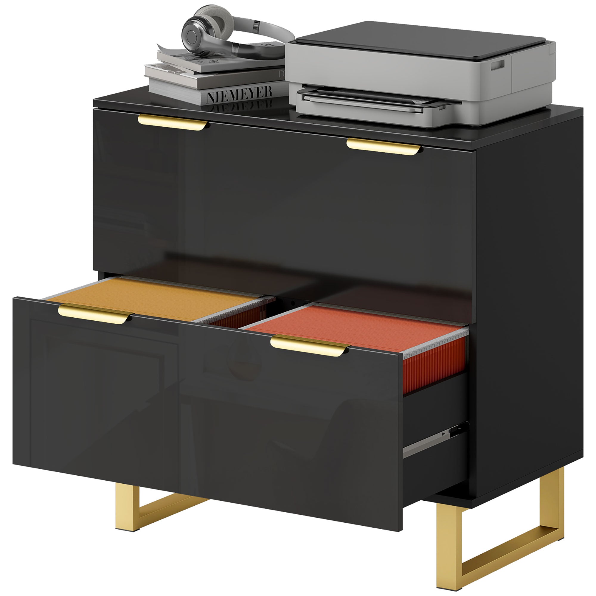 Lateral File Cabinet with 2 Drawers, Modern Filing Cabinet for Letter/A4/Legal Size Files, High Gloss Black
