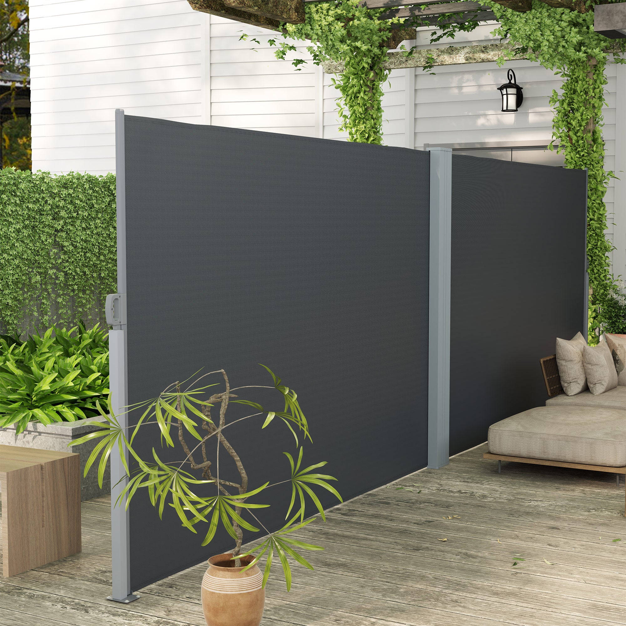 Retractable Double Side Awning, 79"x236" Patio Privacy Screen, UV Resistant, Waterproof Wind Screen, Charcoal Grey