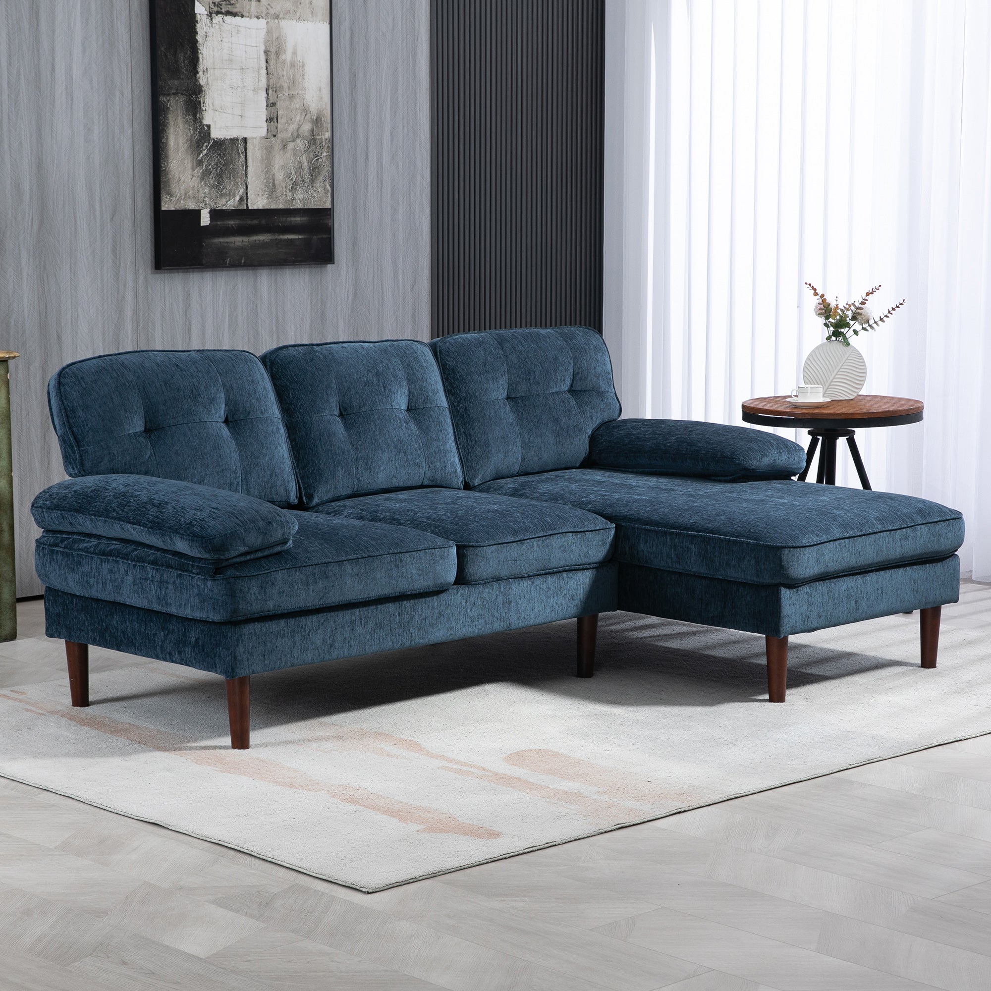 Modern Corner Couch with Right Chaise Lounge, Tufted 3-Seater Sofa with Wooden Legs for Living Room, Navy Blue