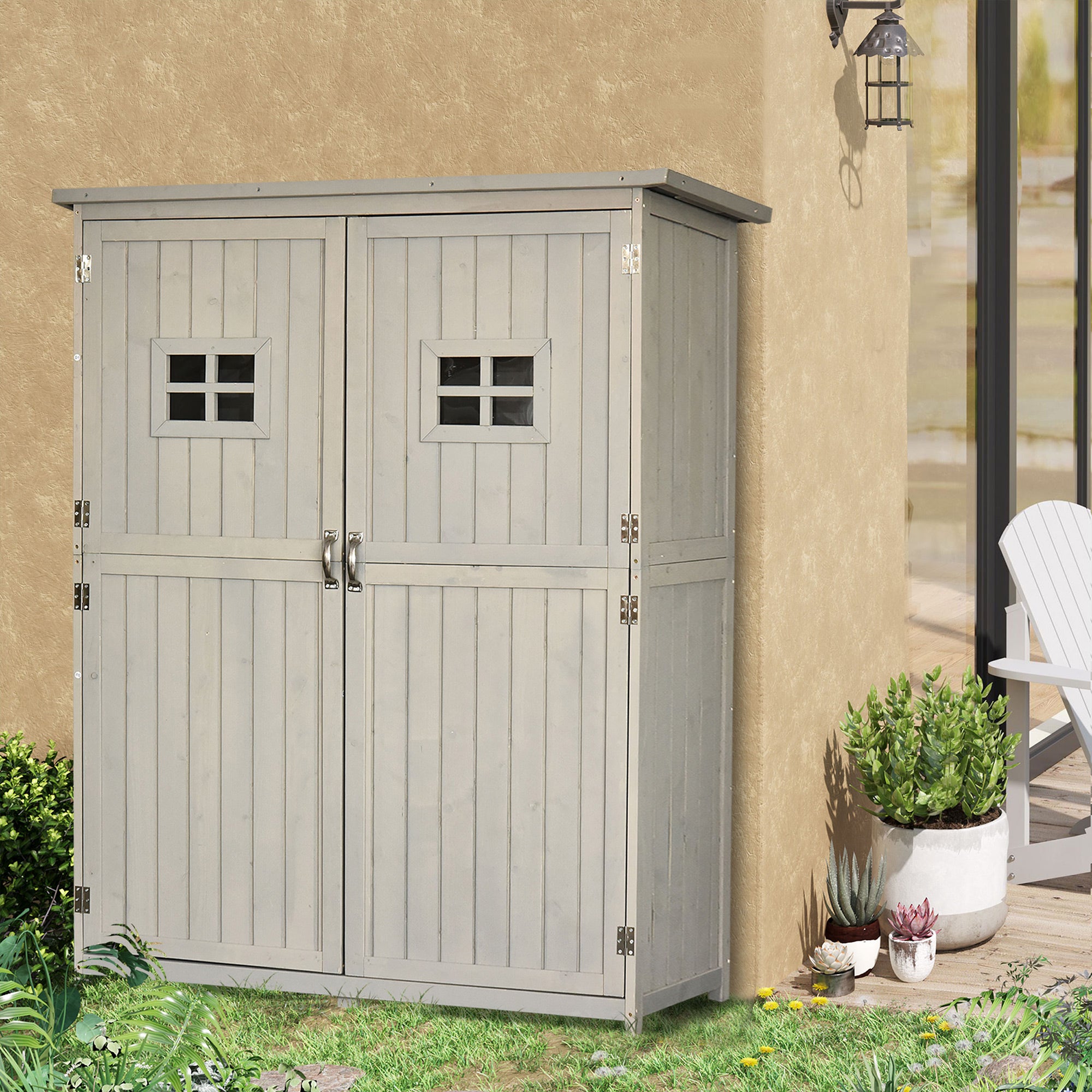 4x1.5ft Wooden Garden Sheds, Outdoor Storage with Windows and Double Door for Gardeners, Grey