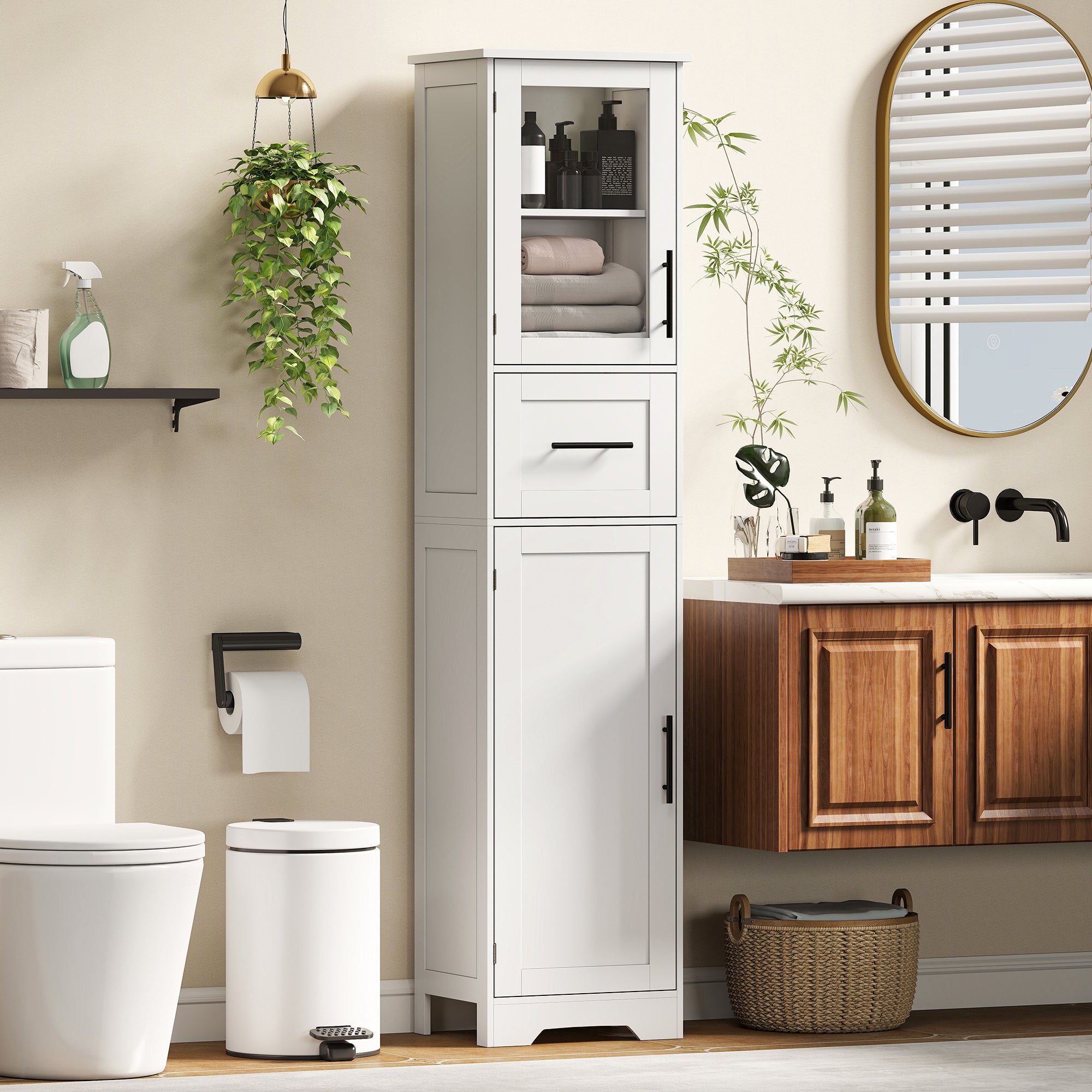67" Tall Bathroom Storage Cabinet, Freestanding Narrow Bathroom Cabinet with Adjustable Shelves, Glass Door and Drawer