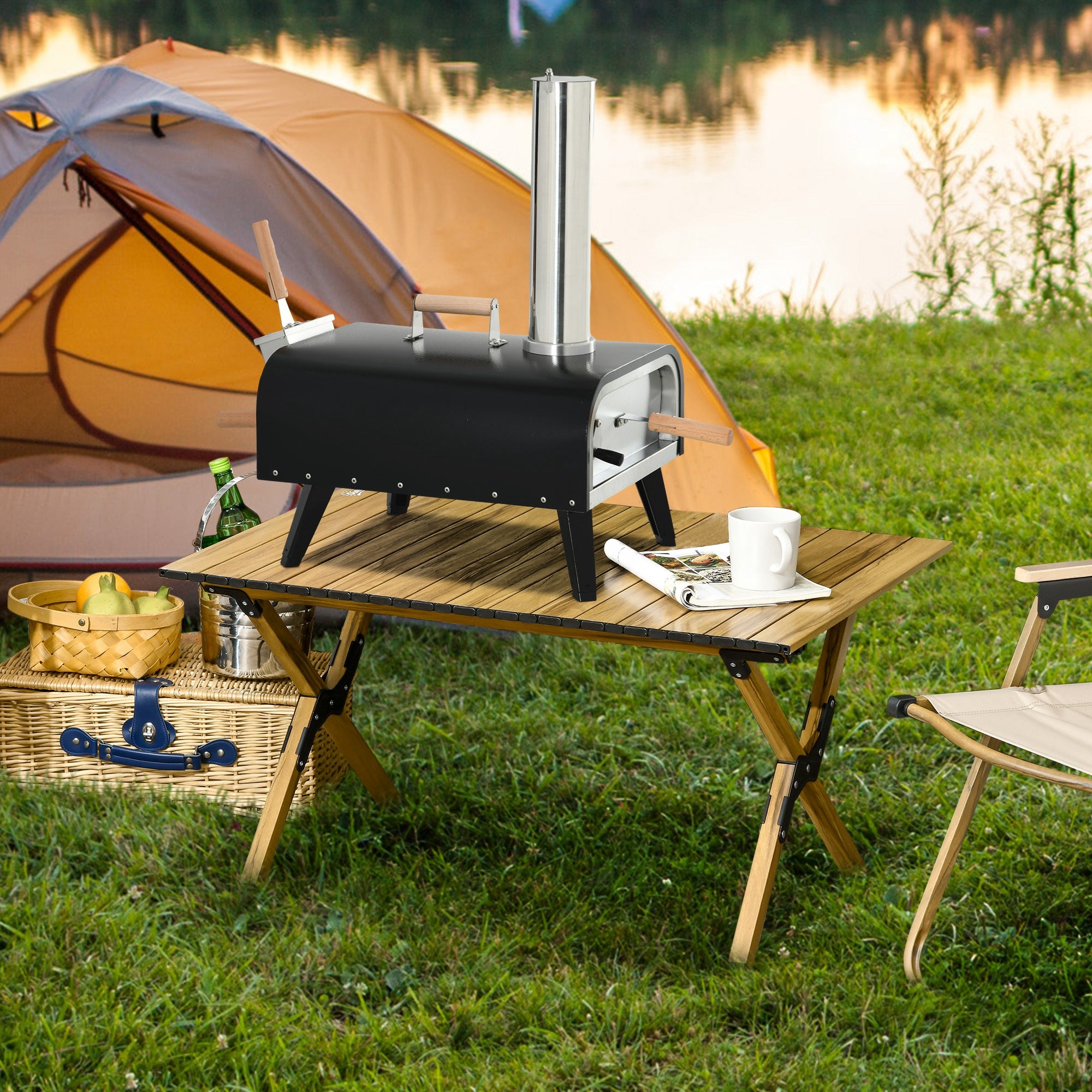 Wood Fired Pizza Oven Stainless Steel Pizza Maker with Foldable Legs and Waterproof Cover, Black