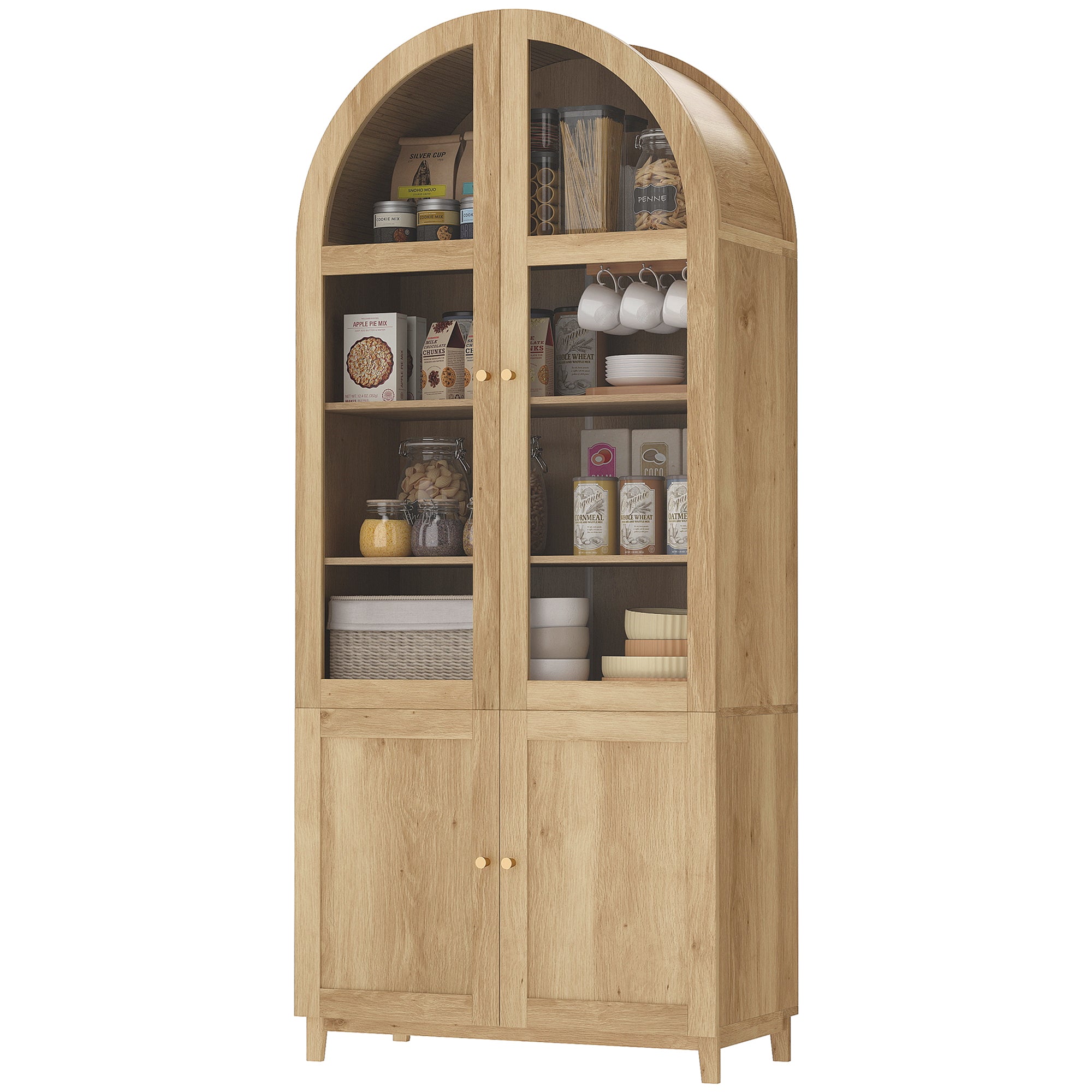 Arched Kitchen Pantry Cabinet, 71" Tall Farmhouse Kitchen Storage Cabinet with Adjustable Shelves, Acrylic Doors, Oak