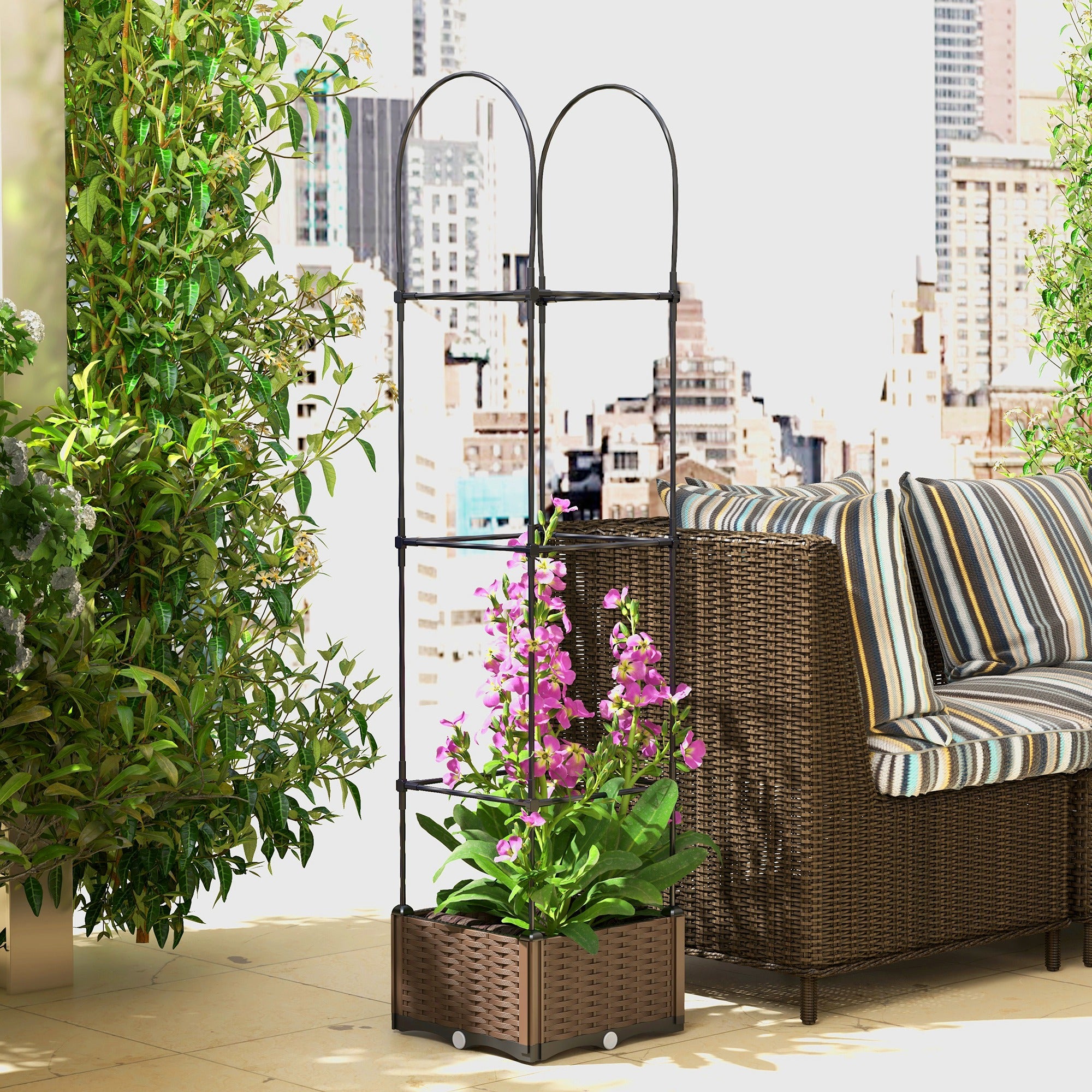 Raised Garden Bed with Tomato Planter Cage, Plastic Planter Box with Trellis, Self-Watering Disk, Drainage Holes for Climbing Plants