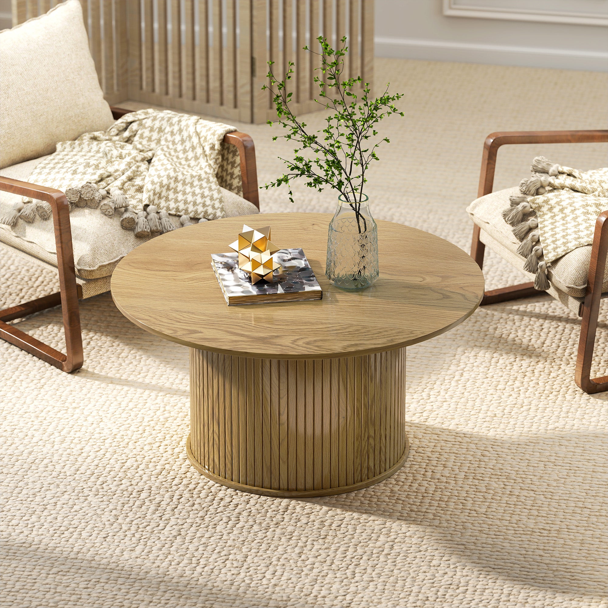 31.5" Round Coffee Table, Nordic Style Center Table with Fluted Cylindrical Base for Living Room, Oak