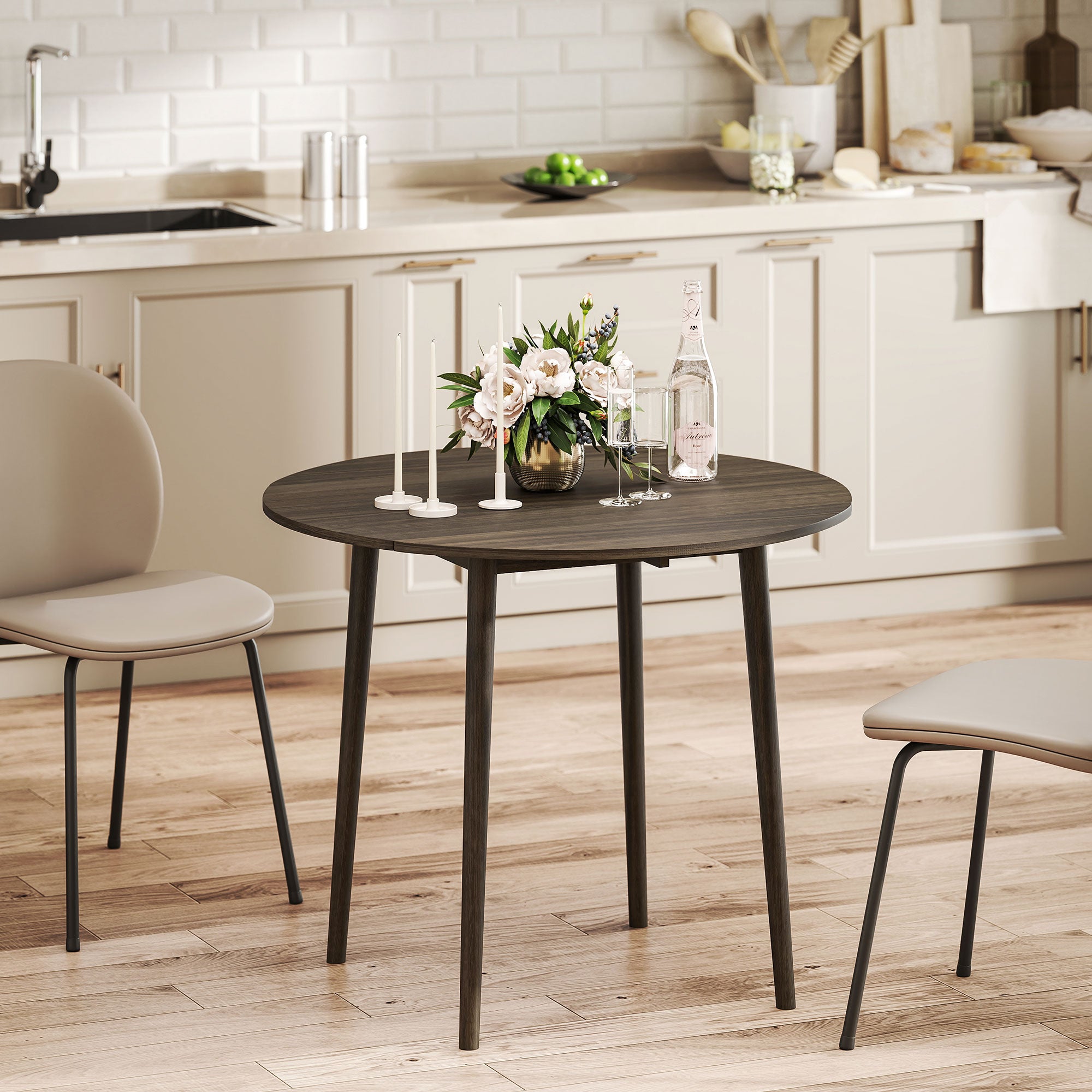 Folding Dining Table, Round Drop Leaf Kitchen Table for Small Spaces with Wood Legs, Distressed Grey