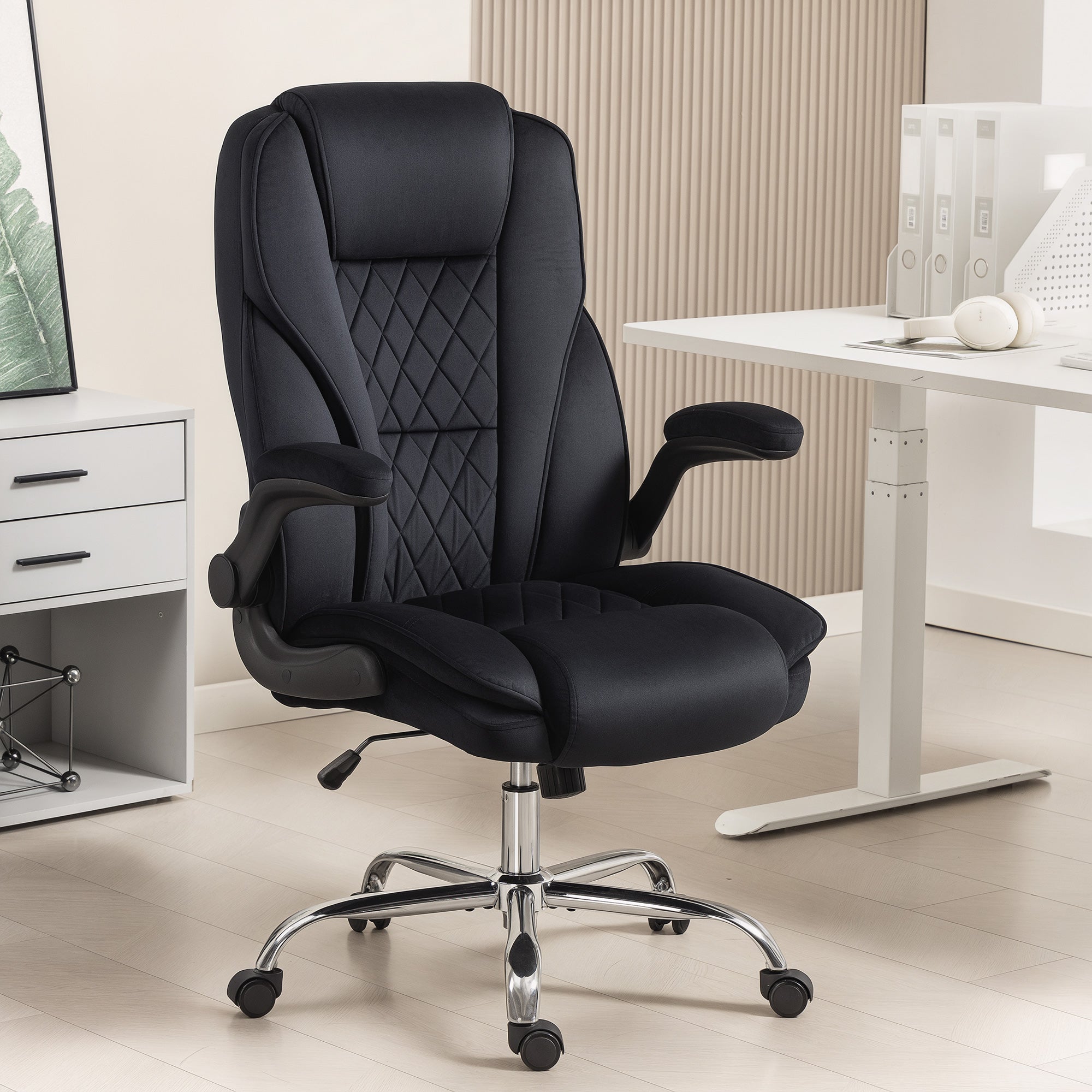 Executive Office Chair, Desk Chair with Flip-up Armrest, Diamond Fabric Computer Chair for Home Office, Black