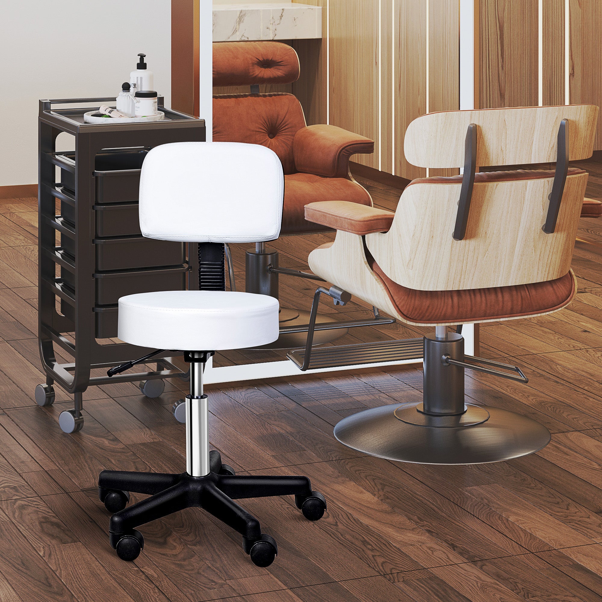 Adjustable Rolling Stool with Back, PU Leather Round Swivel Drafting Stool with Wheels for Kitchen, Salon Spa, Bar, Home Office, Massage, White