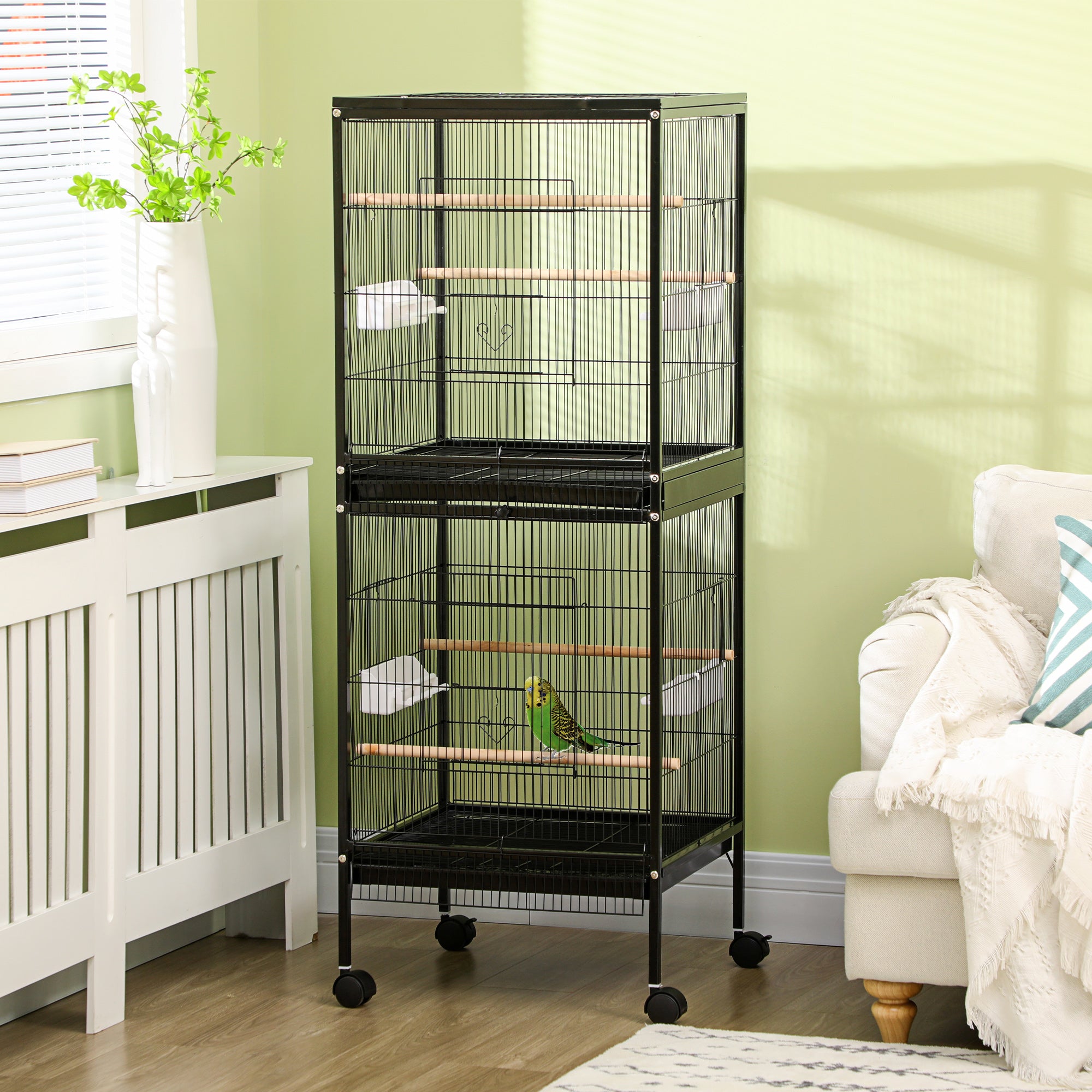 55.1" 2 In 1 Bird Cage Aviary Parakeet House for finches, budgies with Wheels, Slide-out Trays, Wood Perch, Food Containers, Black