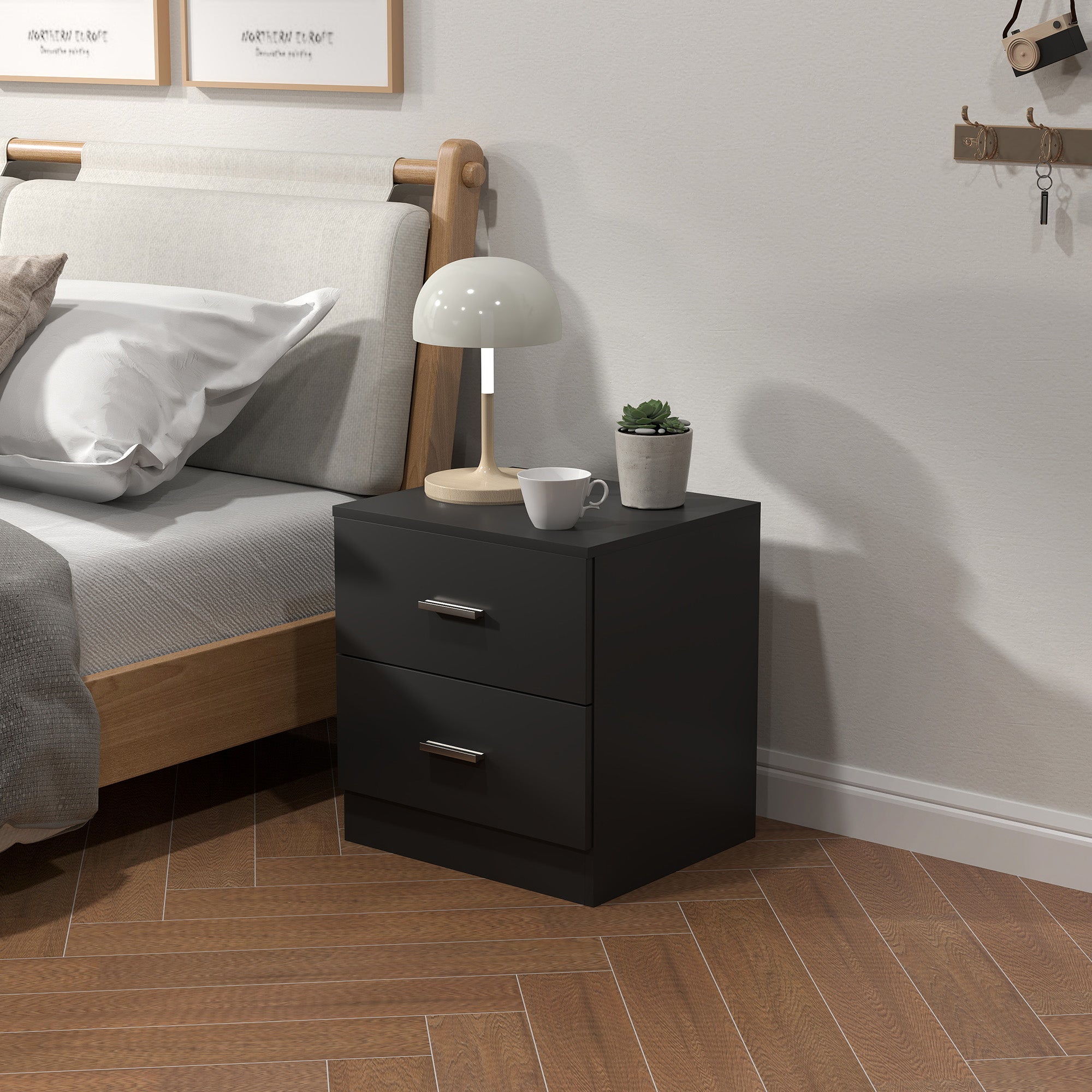 Bedside Table with 2 Drawers, Modern Nightstand for Bedroom, Black