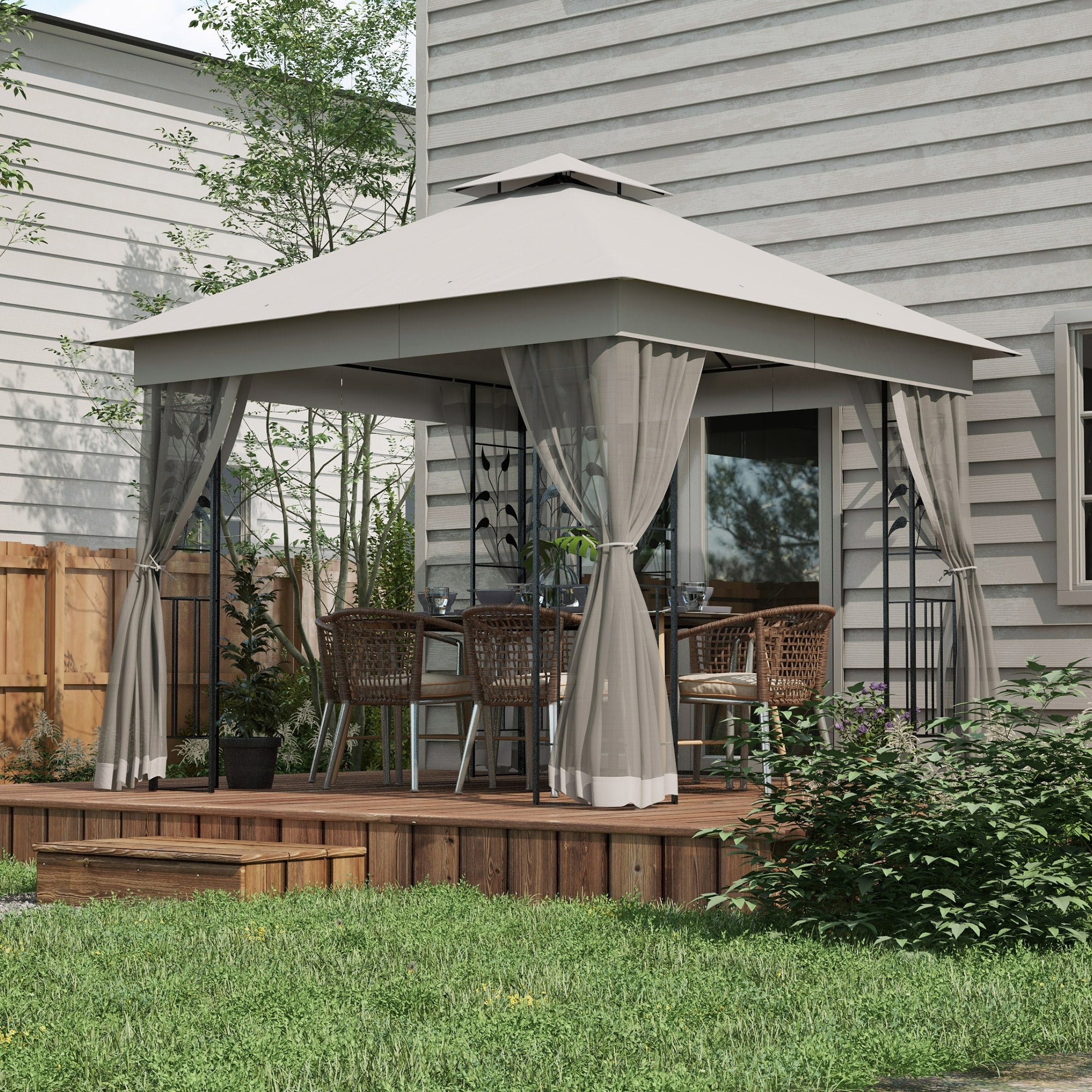 10'x10' Soft-top Steel Patio Gazebo Outdoor Sun Shelter with 2-Tier Polyester Roof, Curtain Sidewalls, Light Grey
