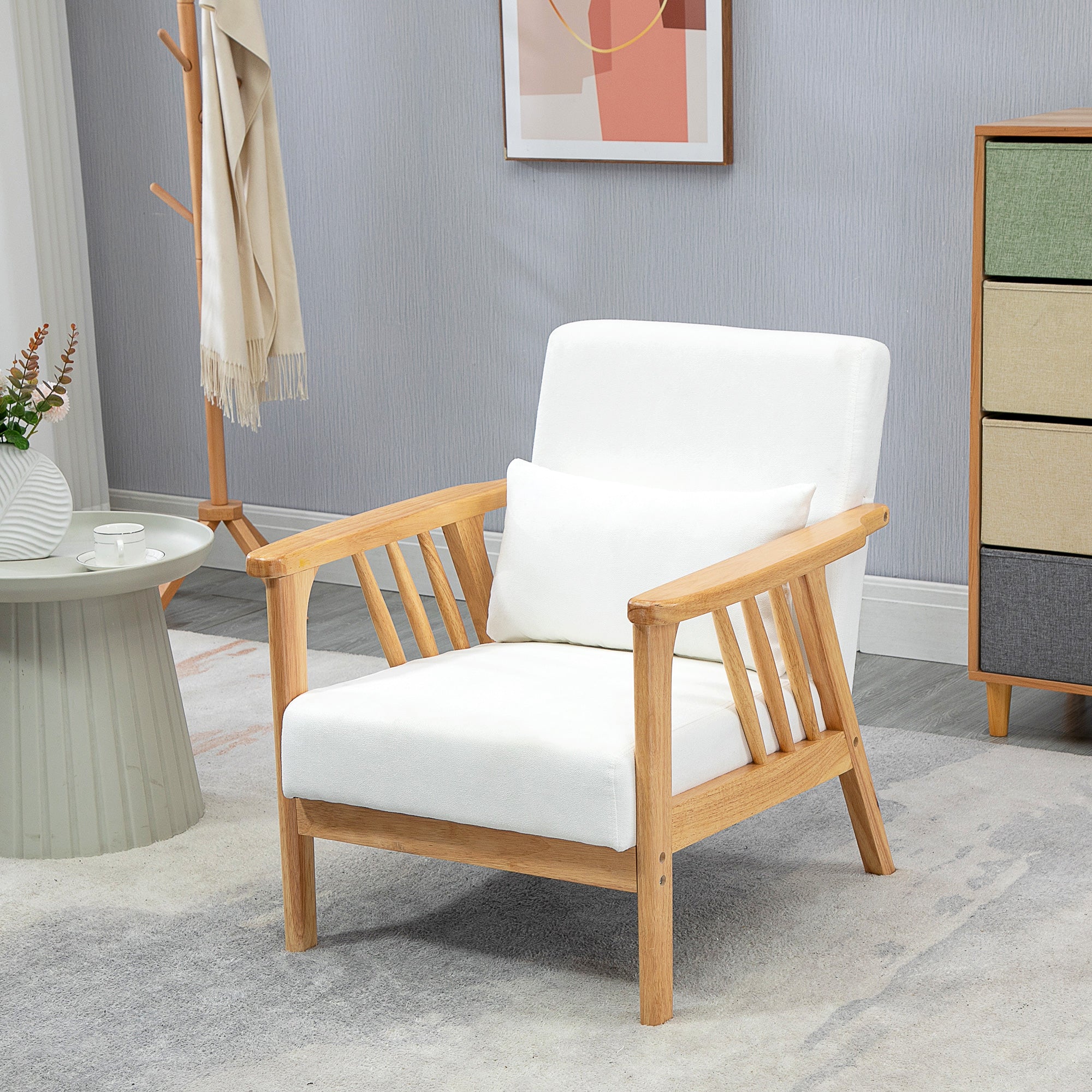 Armchair Upholstered Lounge Chair with Rubber Wood Frame Throw Pillows and Comfortable Cushion, White