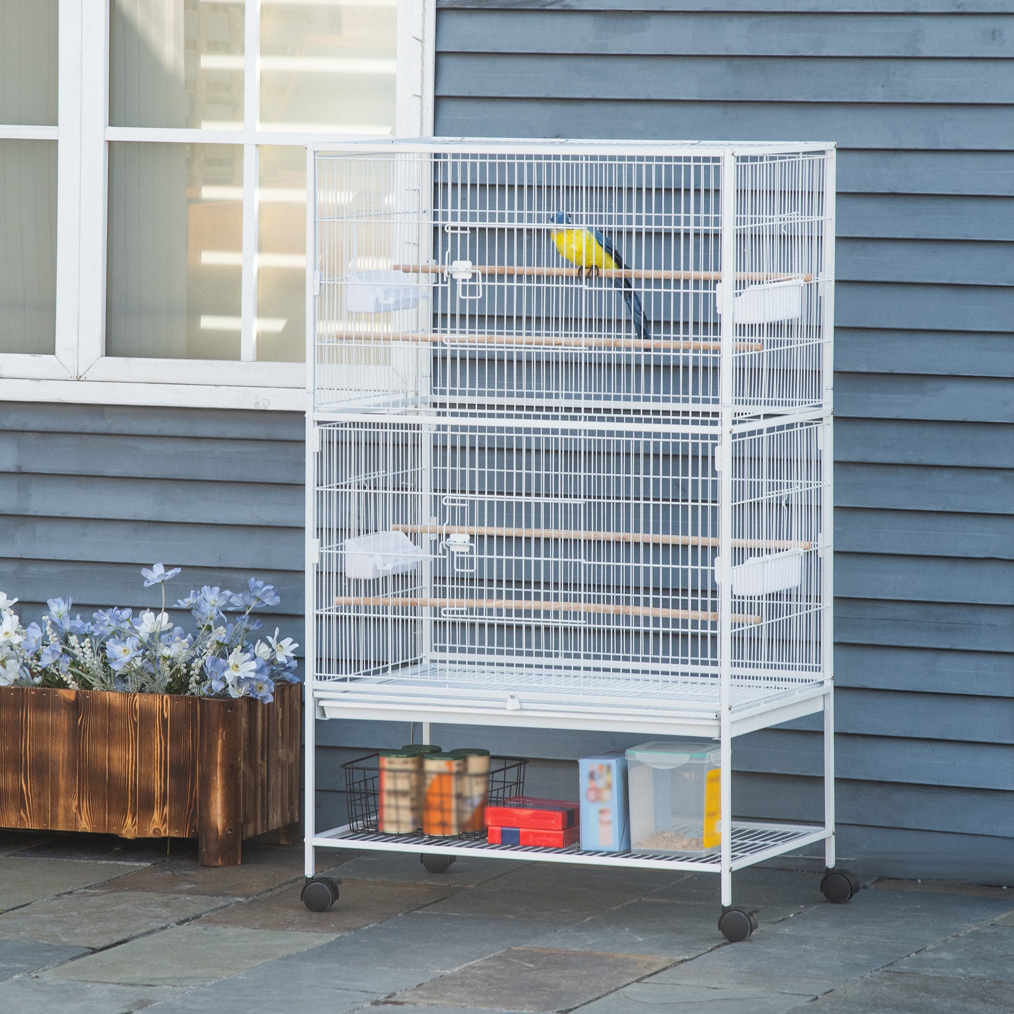 52" Large Steel Bird Cage for Parrot Budgie Cockatiels African Grey Parakeets Pigeons with Rolling Stand, Storage Shelf, Wood Perch, Food Container, White