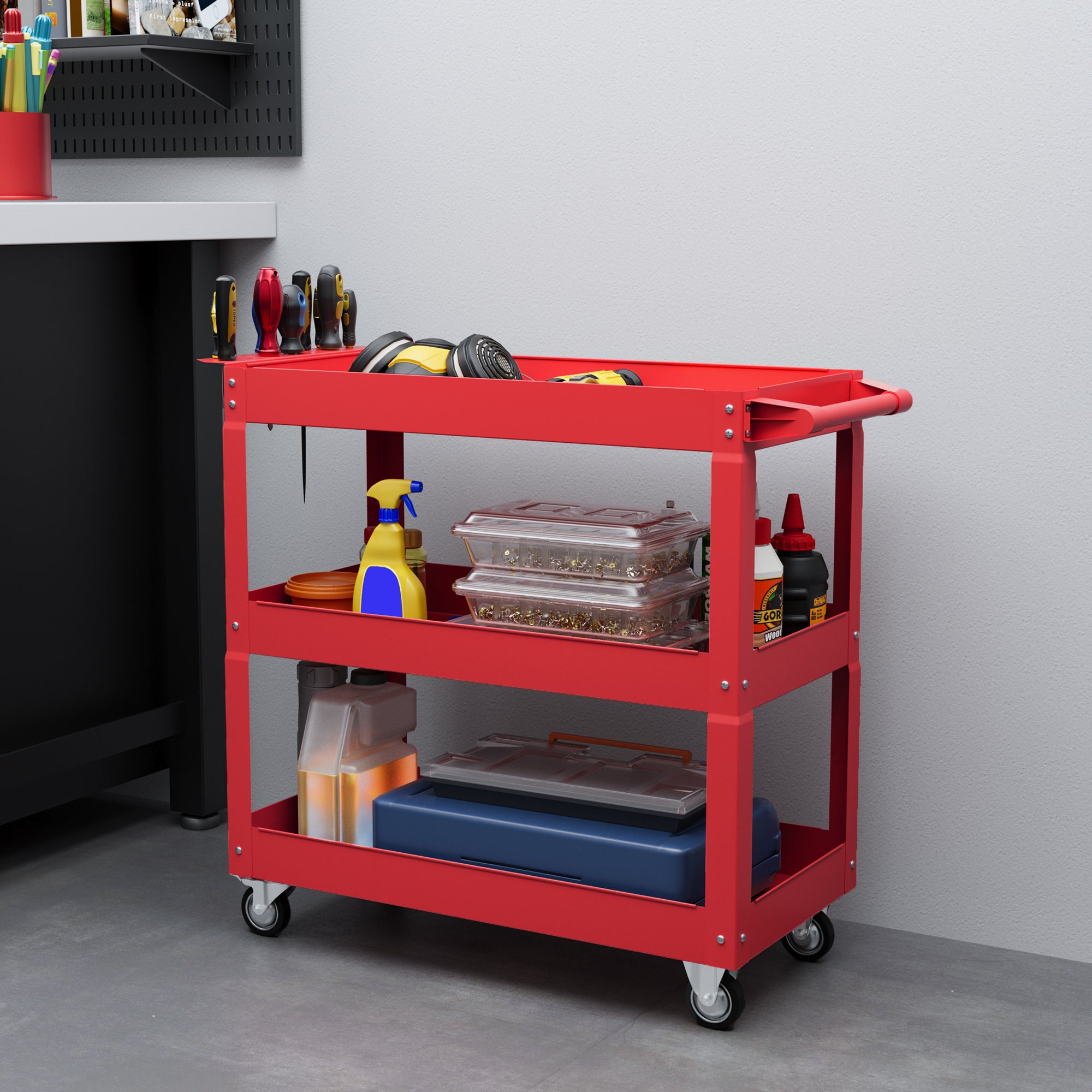 3 Tier Rolling Tool Cart with Wheels, 330 LBS Capacity Heavy Duty Utility Cart, Mobile Service Cart for Garage, Red