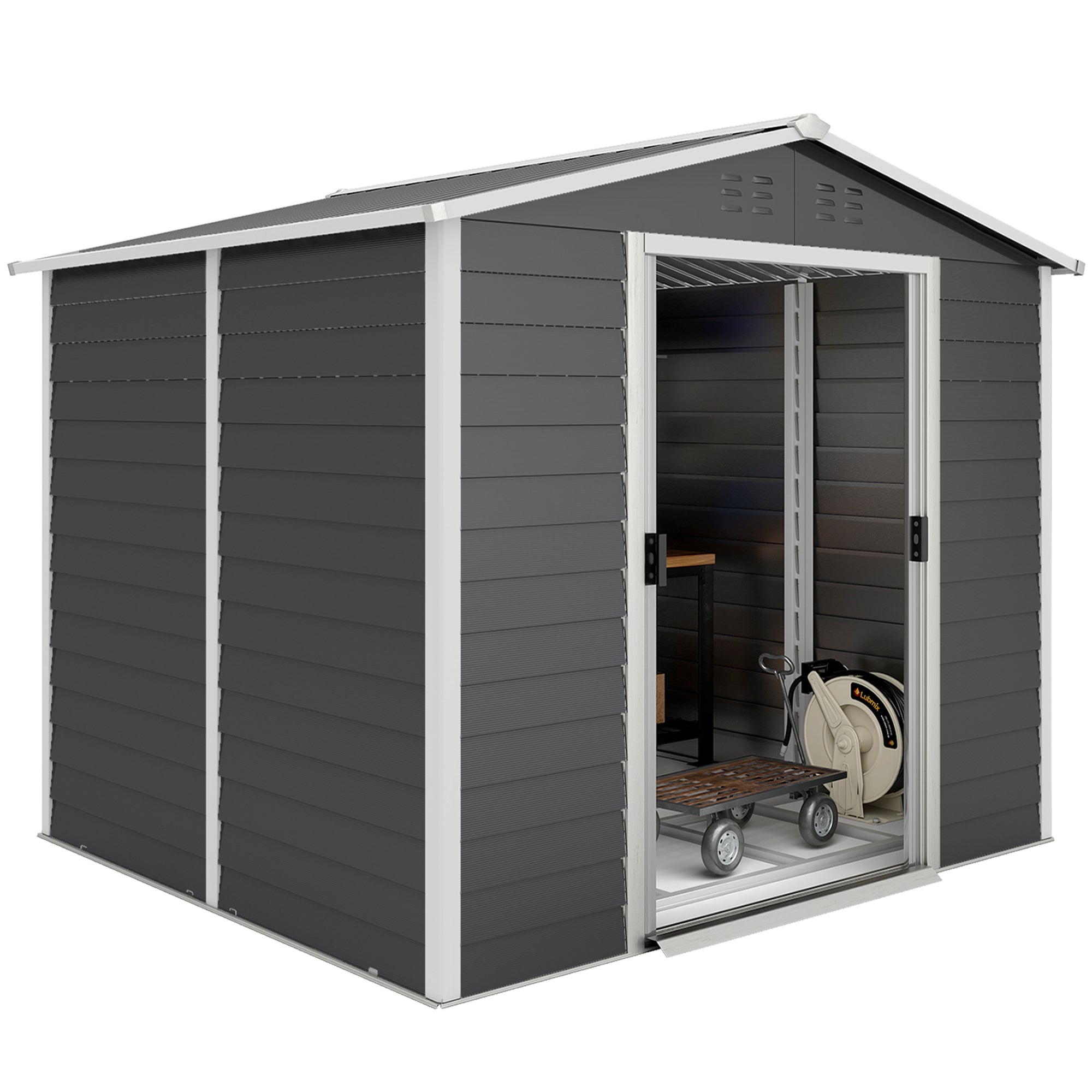 8' x 7' Outdoor Storage Shed, Easy to Assemble, Upgraded Galvanized Metal Garden Shed with Lockable Doors, Floor Frame and Gloves for Backyard, Lawn, Patio, Dark Grey