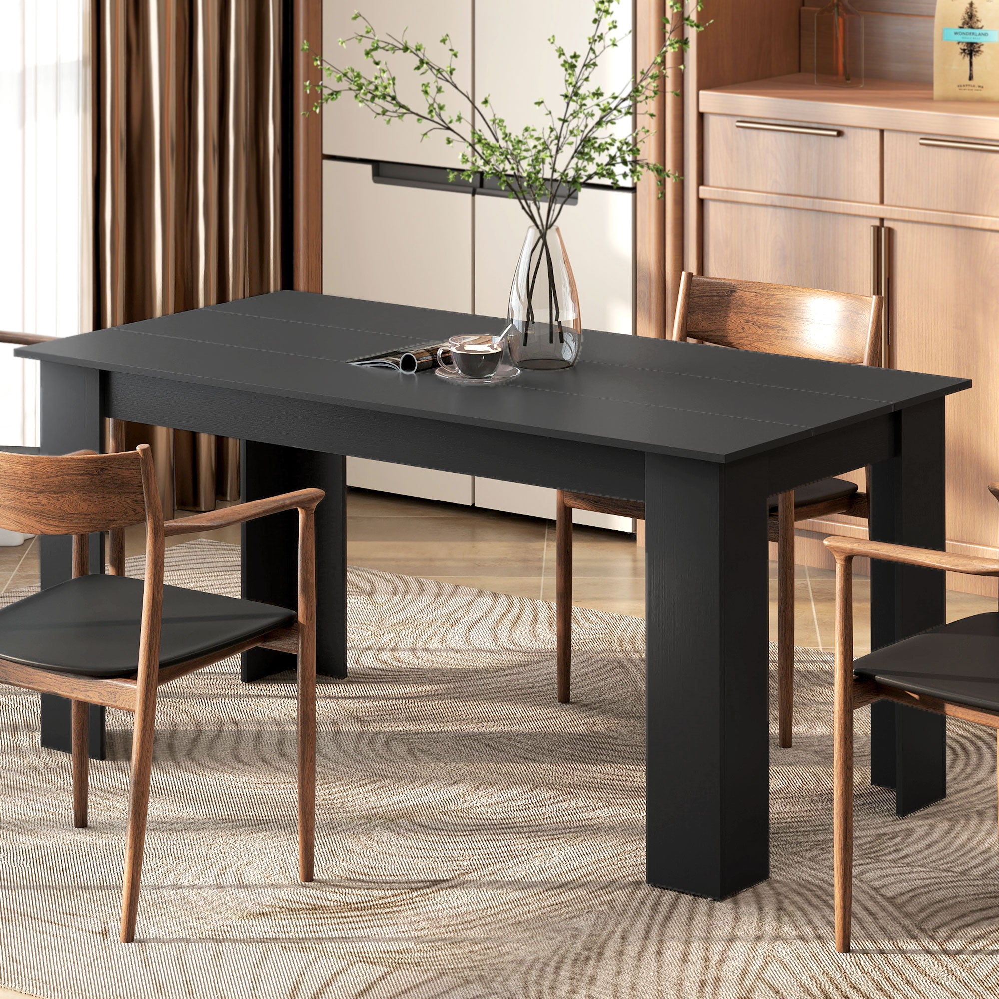 63" Kitchen Table for 4-6 People, Dining Table with Wood Effect for Dining Room, Black