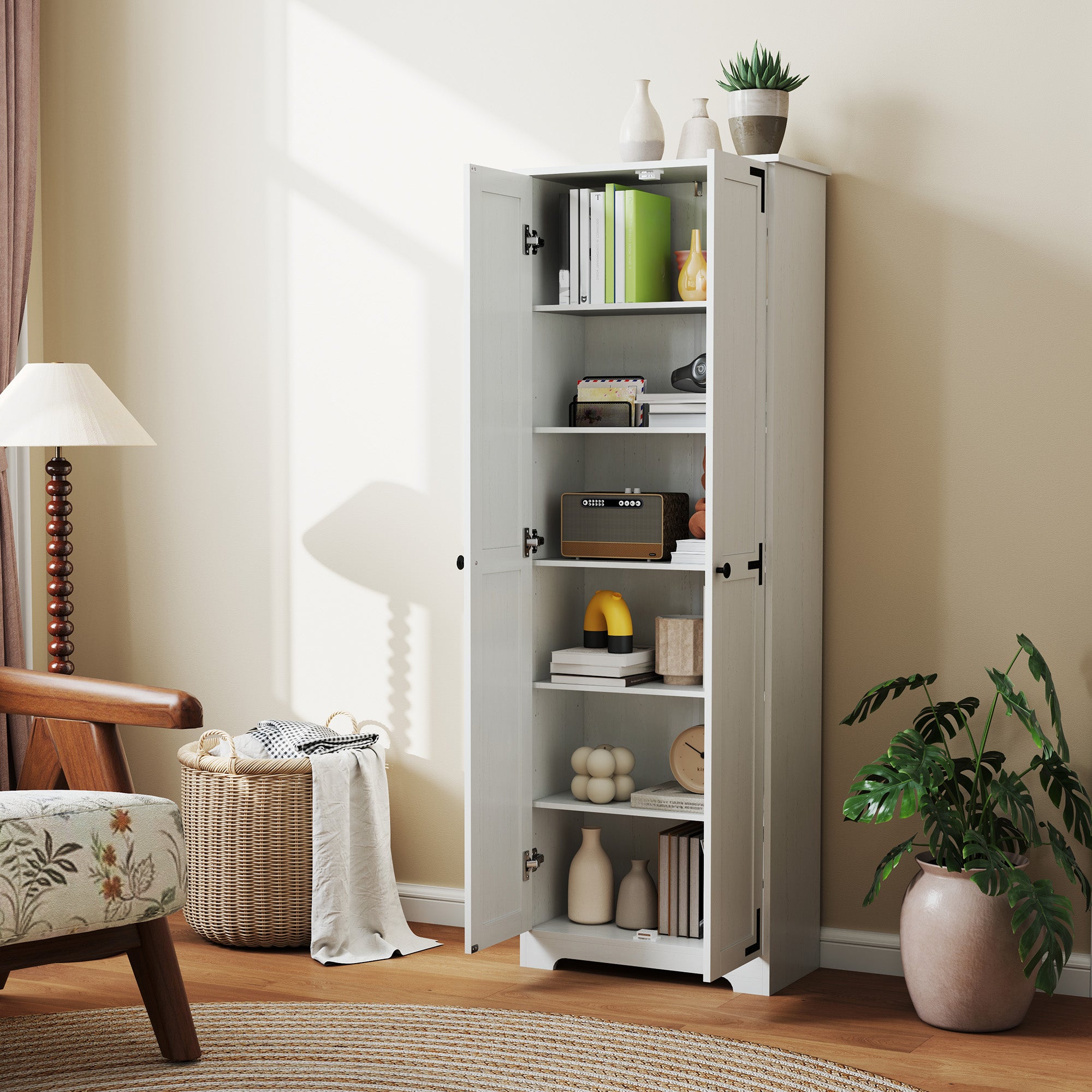 67" Farmhouse Pantry Cabinet with 2 Doors, Tall Storage Cabinet with Adjustable Shelves, Distressed White
