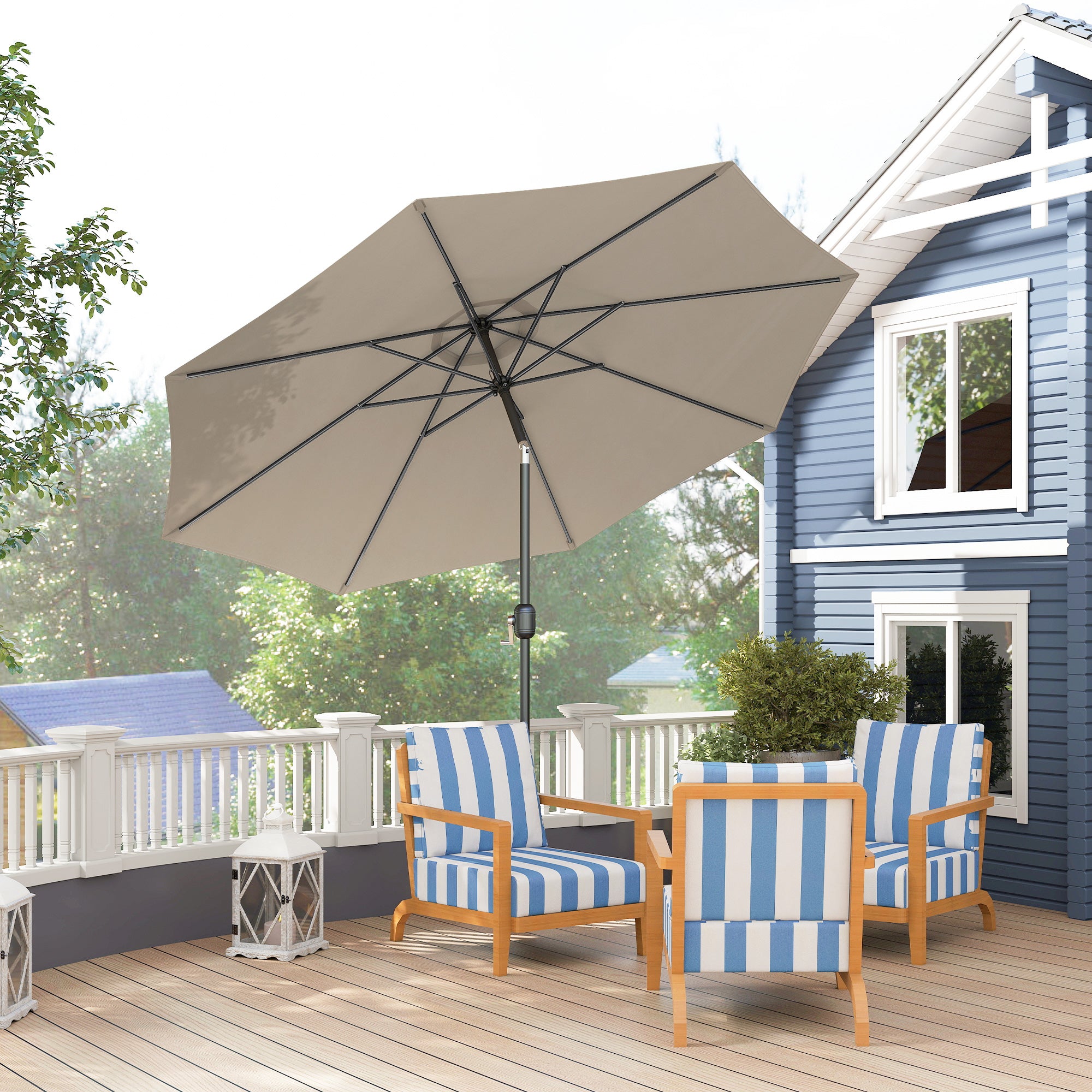 10' x 8' Round Market Umbrella, Patio Umbrella with Crank Handle and Tilt, Outdoor Parasol for Garden, Bench, Lawn, Light Grey