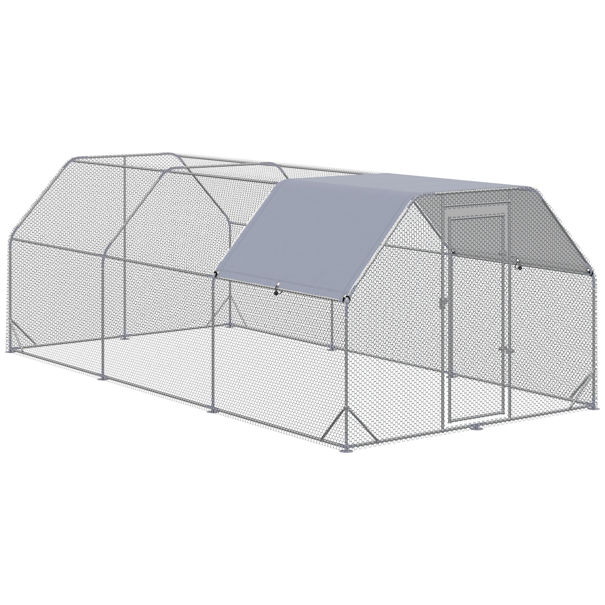 Chicken Run, Galvanized Large Metal Chicken Coop Cage, Walk-in Enclosure Poultry Hen Run House Playpen Rabbit Hutch with Flat Roof, Cover, 9.2' x 18.7' x 6.5', Silver