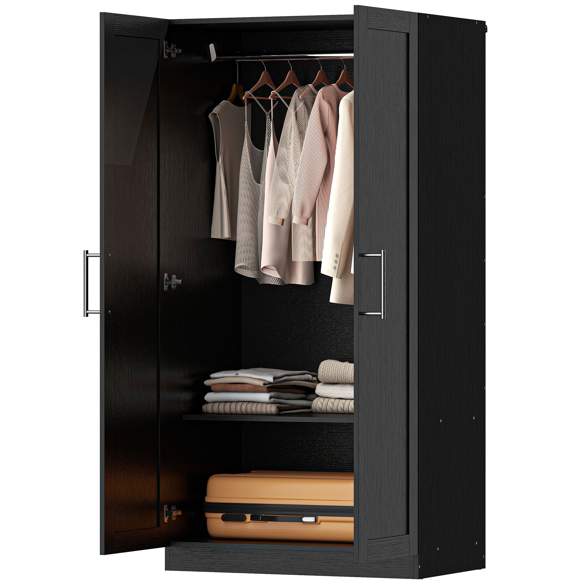 Wardrobe Cabinet with 2 Doors and Hanging Rod, Modern Armoire Wardrobe Closet for Bedroom, Black Wood Effect