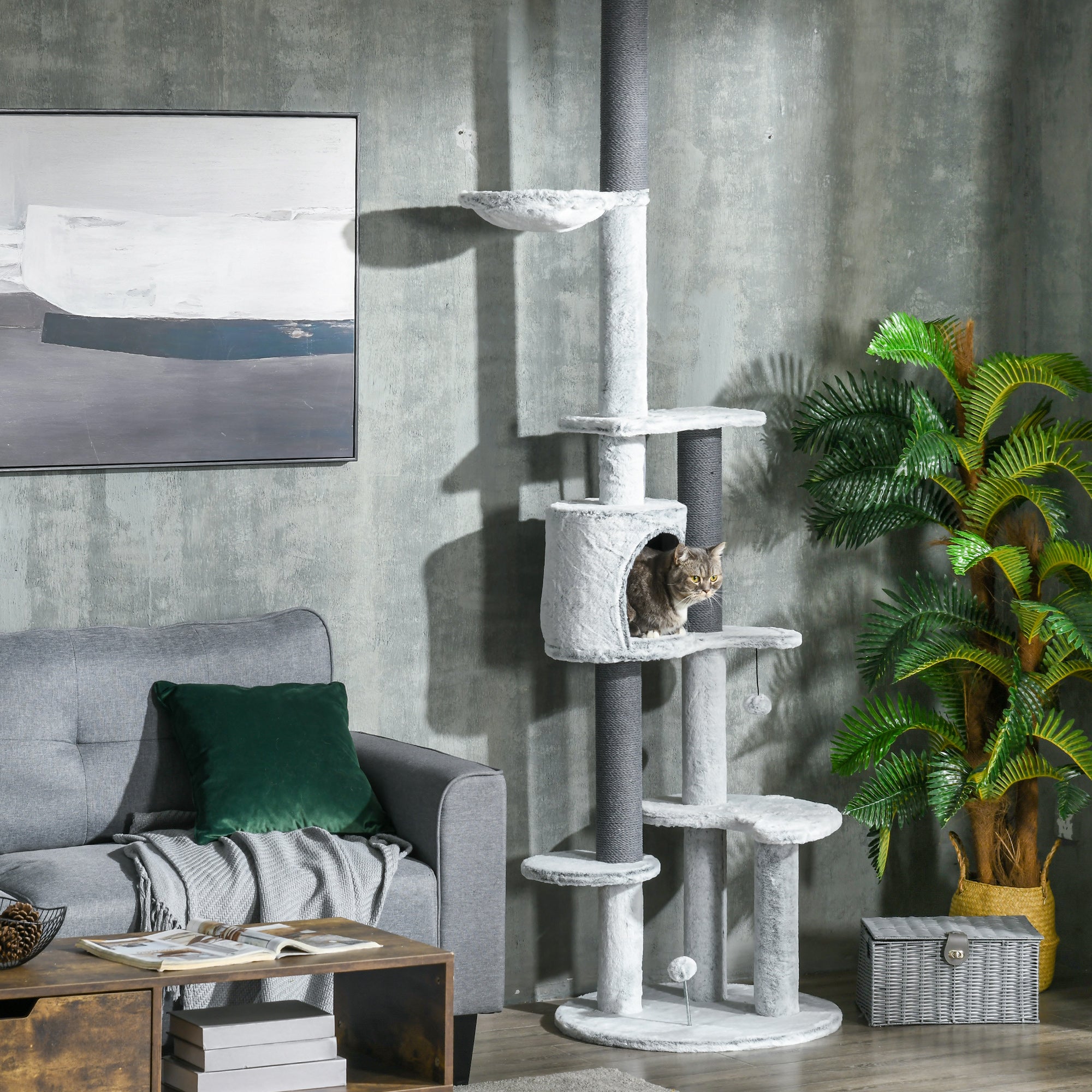 89"-100" Floor to Ceiling Cat Tree w/ Hammock, Scratching Posts, Condo, Perches, Toy Ball, Anti-tip Kit, Grey