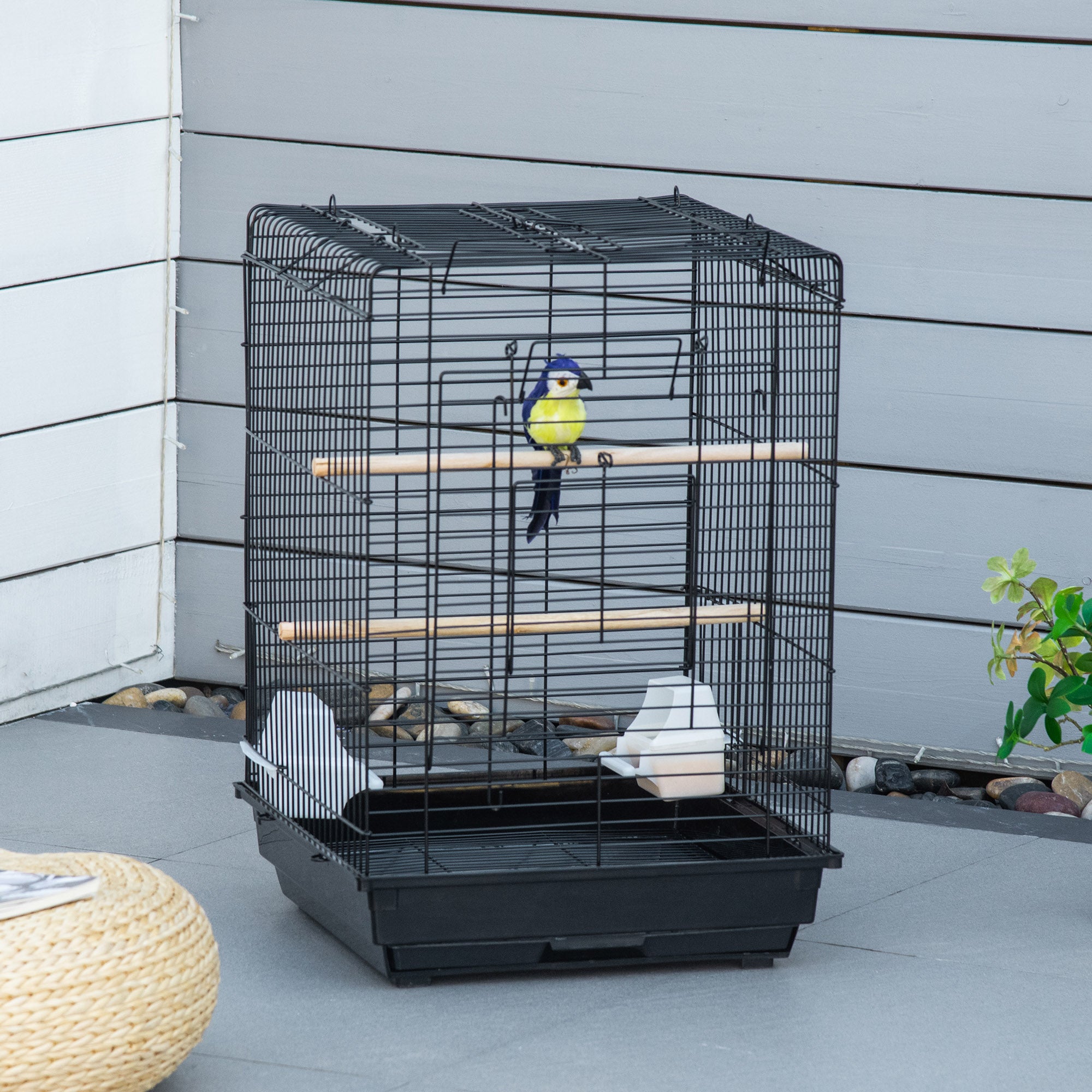 23" Bird Cage Flight Parrot House Cockatiels Playpen with Open Play Top and Feeding Bowl Perch Pet Furniture Black