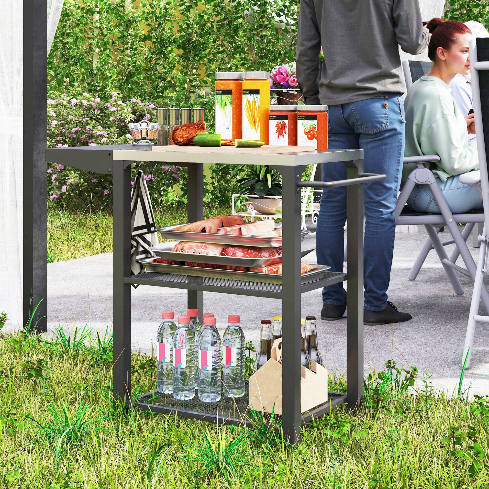 Outdoor Grill Cart w/ Foldable Side Table, 3-Tier Pizza Oven Stand w/ Stainless Steel Tabletop, Hooks, Wheels