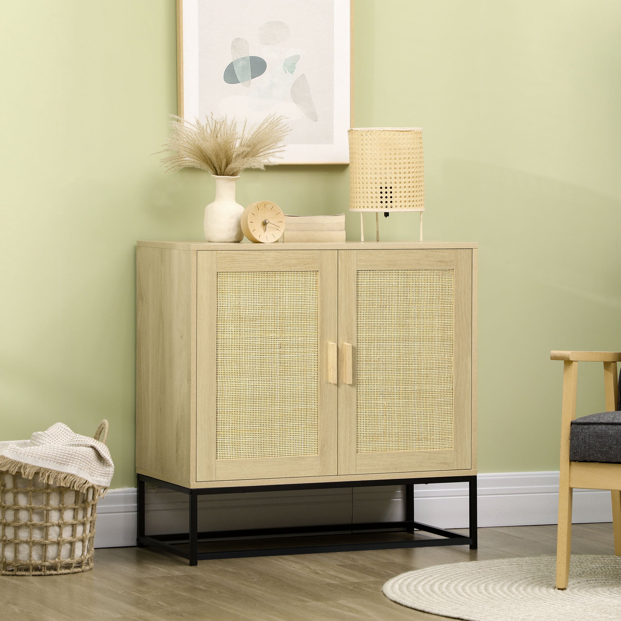 Wood Sideboard Accent Storage Cabinet with 2 Rattan Doors, Adjustable Shelf, and Steel Legs for Living Room Kitchen