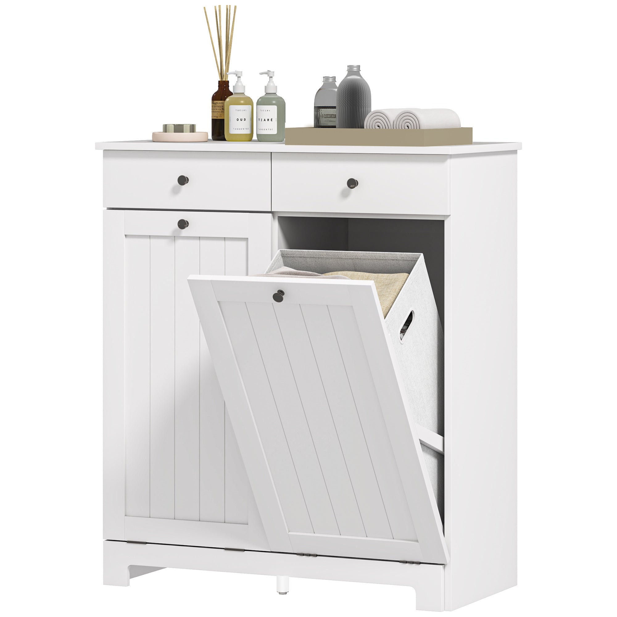 Laundry Cabinet, Tilt Out Laundry Hamper Cabinet with 2 Baskets, Bathroom Hamper Cabinet with 2 Drawers, White