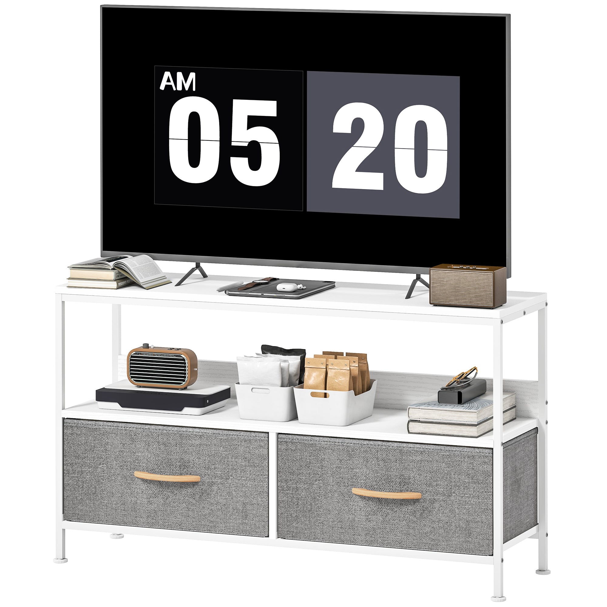 TV Stand with Charging Station, TV Table with 2 Foldable Linen Drawers and Open Shelf for 47 Inch Television, White