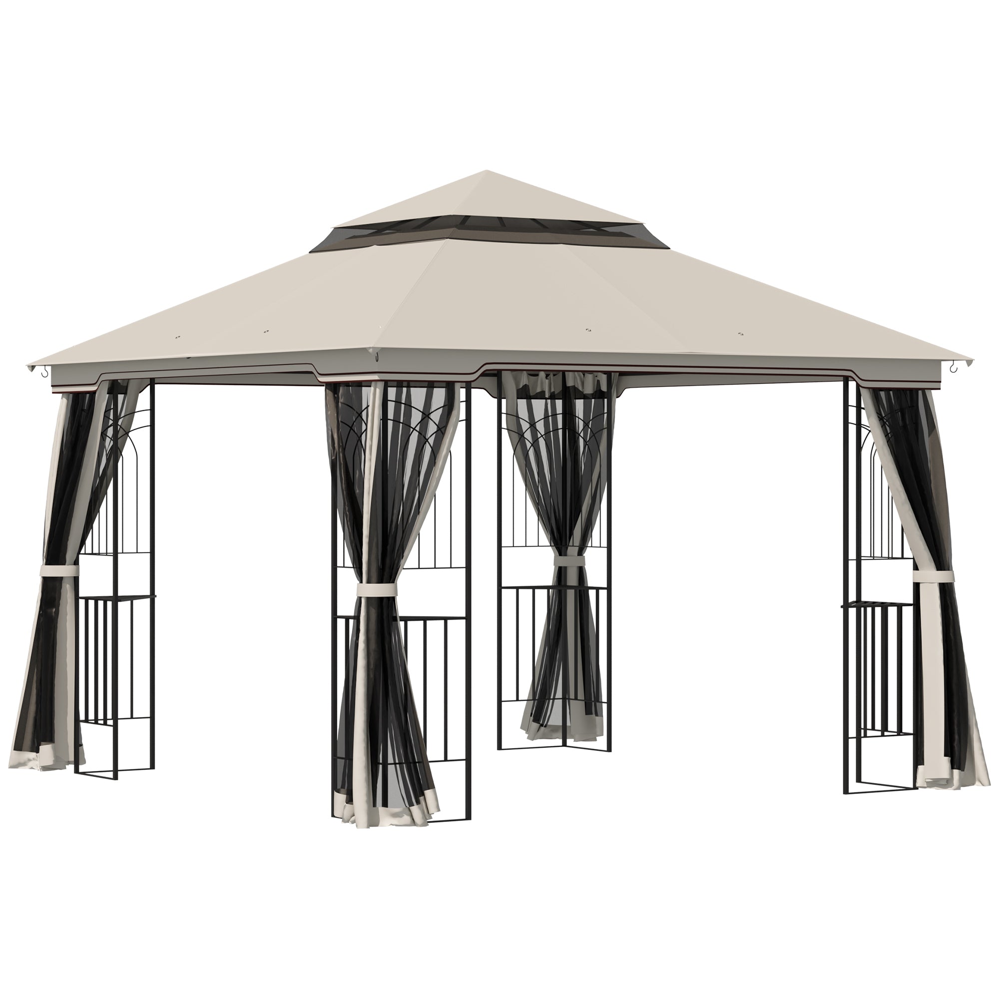 10'x10' Soft-top Patio Gazebo with Double Tier Roof, Mesh Curtains, Display Shelves, Top Hooks, Beige