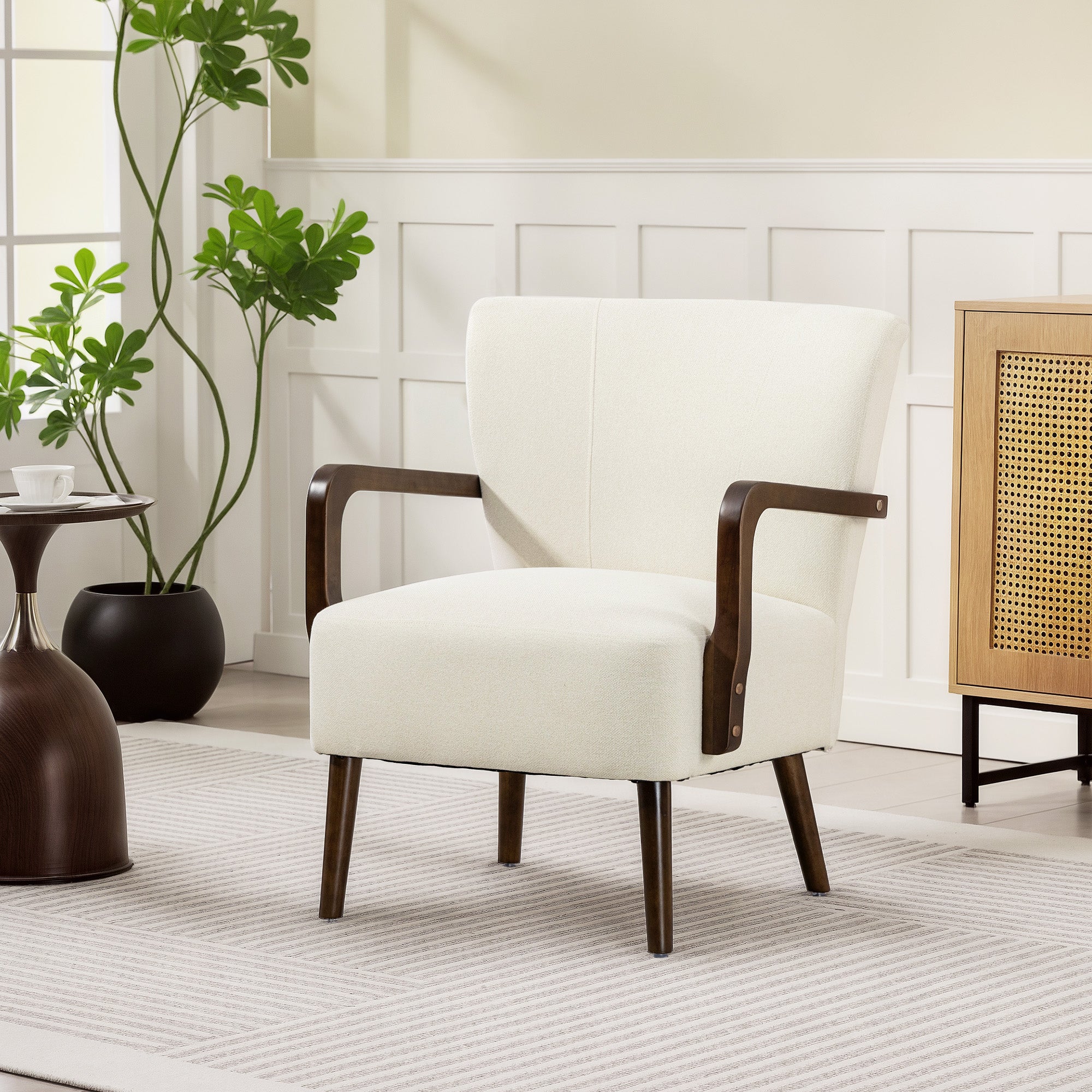 Accent Chair with Wooden Legs, Linen Fabric Armchair with Thick Padding, Comfy Chair for Living Room, Cream White