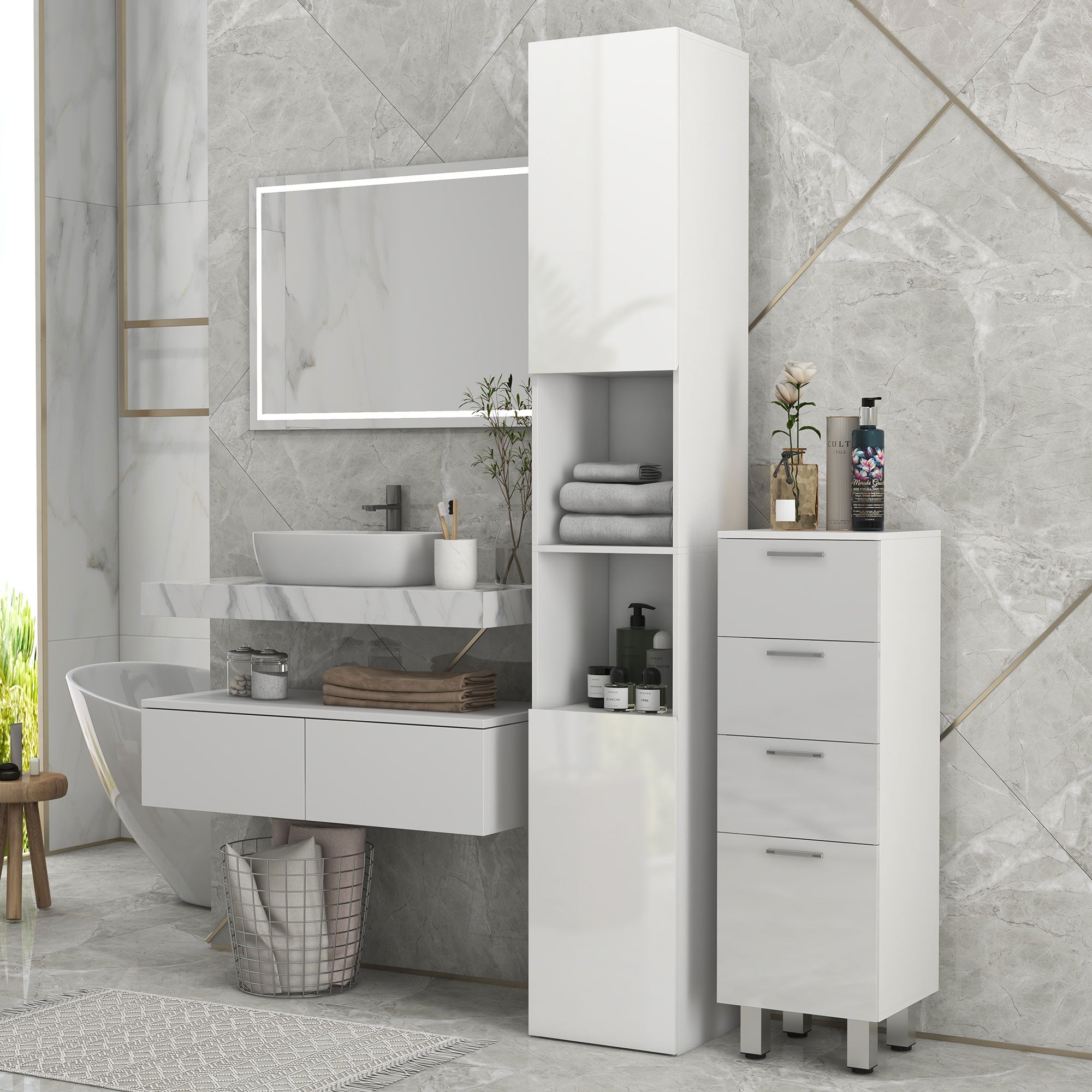 Tall Bathroom Cabinet, High Gloss Storage Cabinet with Doors and Adjustable Shelves, 11.8" x 11.8" x 71.5", White