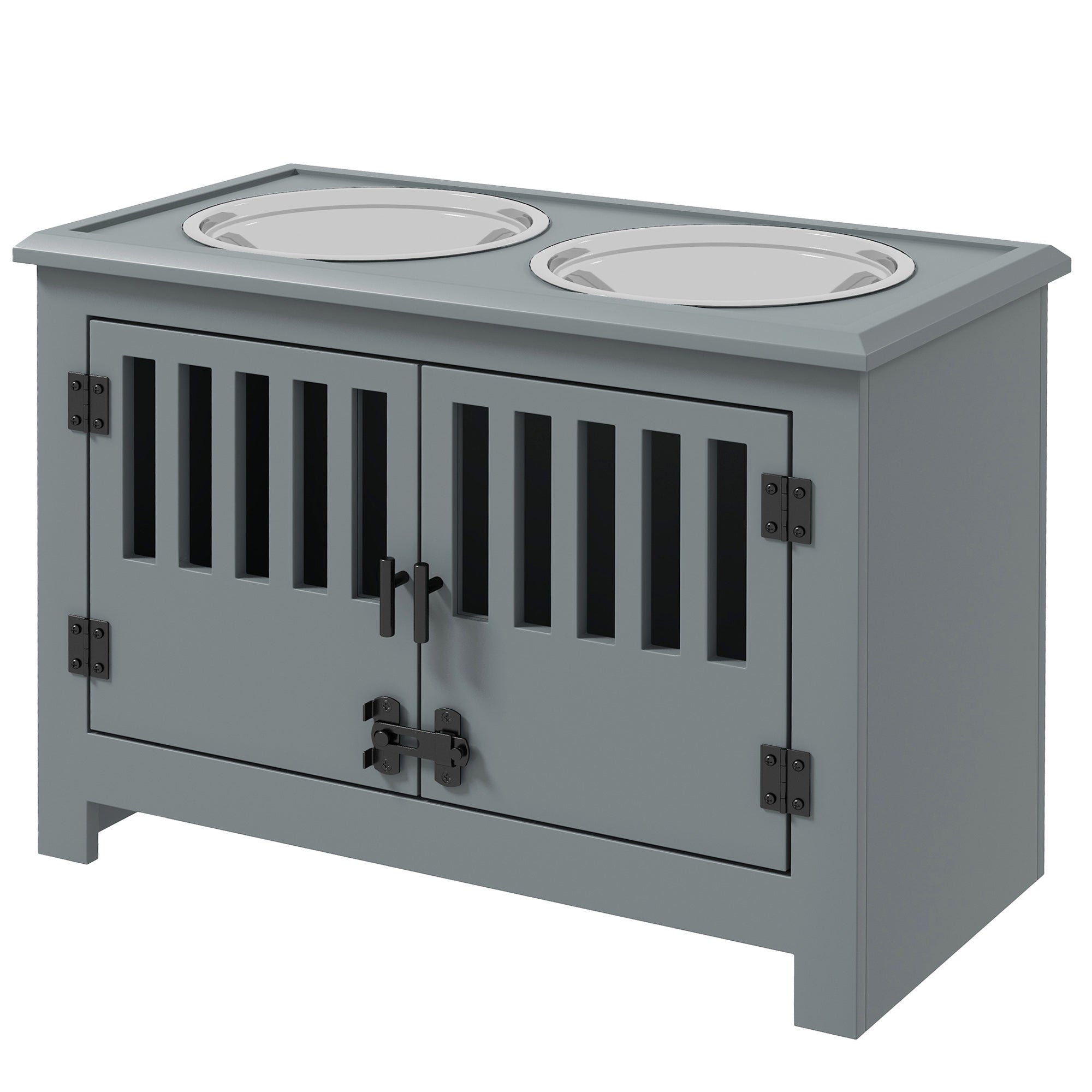 Raised Dog Bowls with 2 Stainless Bowls, Storage, for XL Dogs, Grey