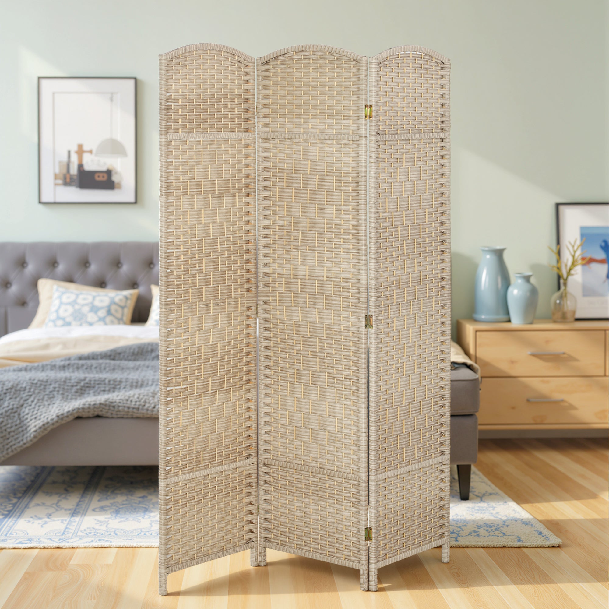 6 Ft Tall Folding Room Divider, 3 Panel Portable Privacy Screen, Hand-Woven Partition Wall Divider, Light Oak