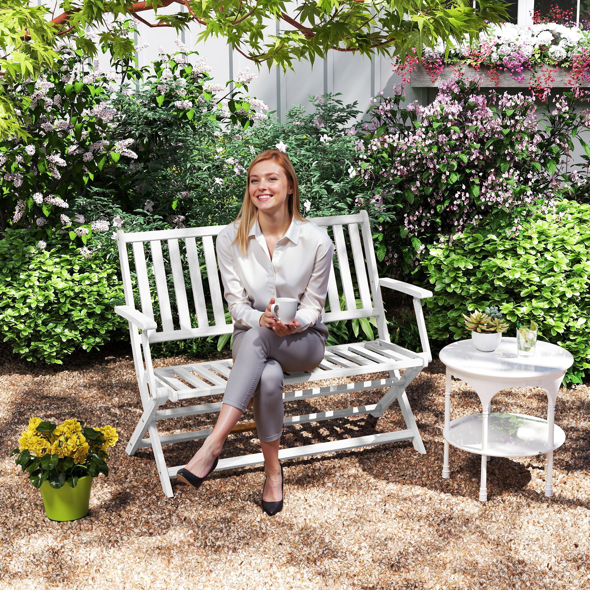 46.5" Foldable Wood Outdoor Bench with Backrest and Armrests for Outdoors, Patio, Porch, Park, White