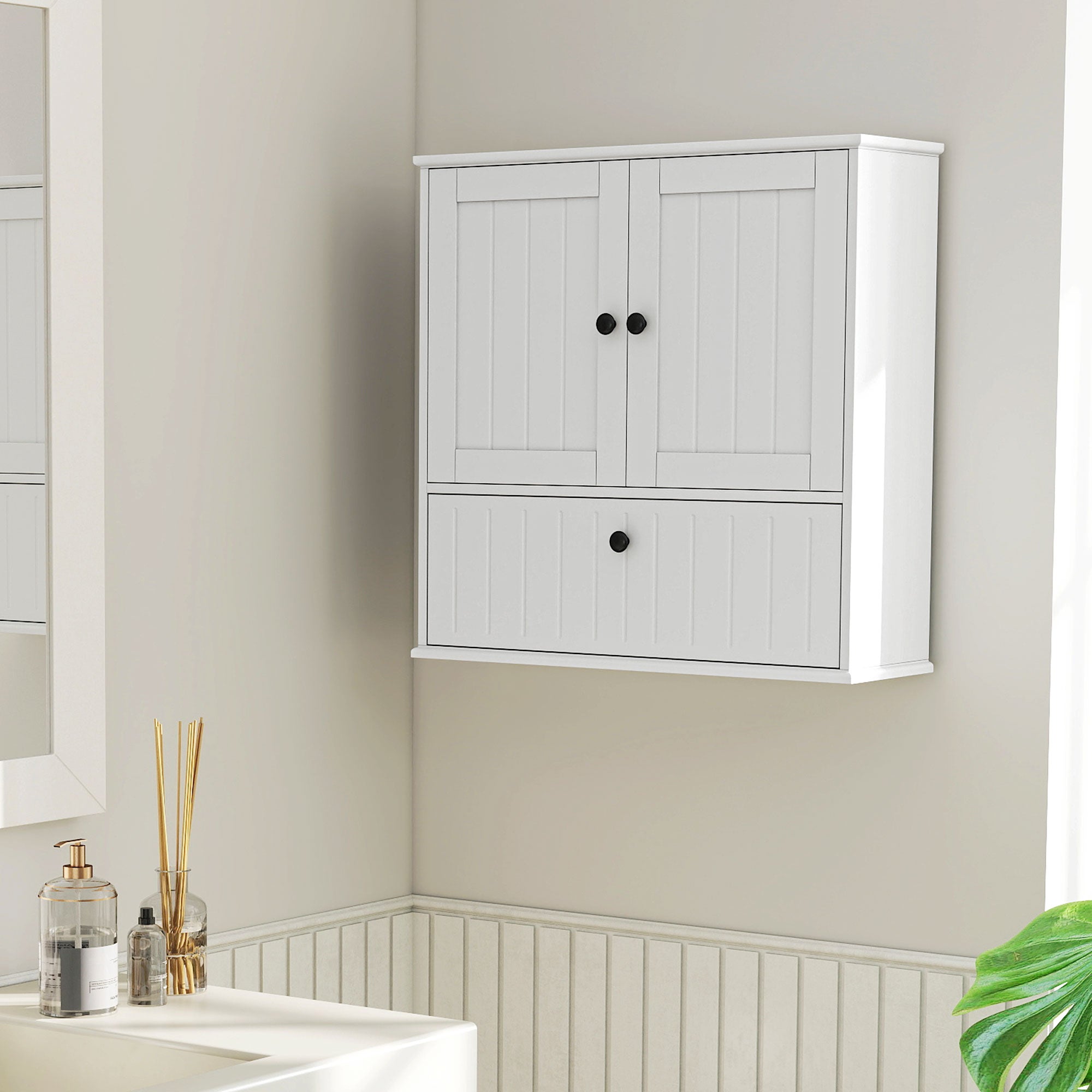 Bathroom Wall Cabinet, Farmhouse Medicine Cabinet with Adjustable Shelves and Flip-Down Door, Over The Toilet, White