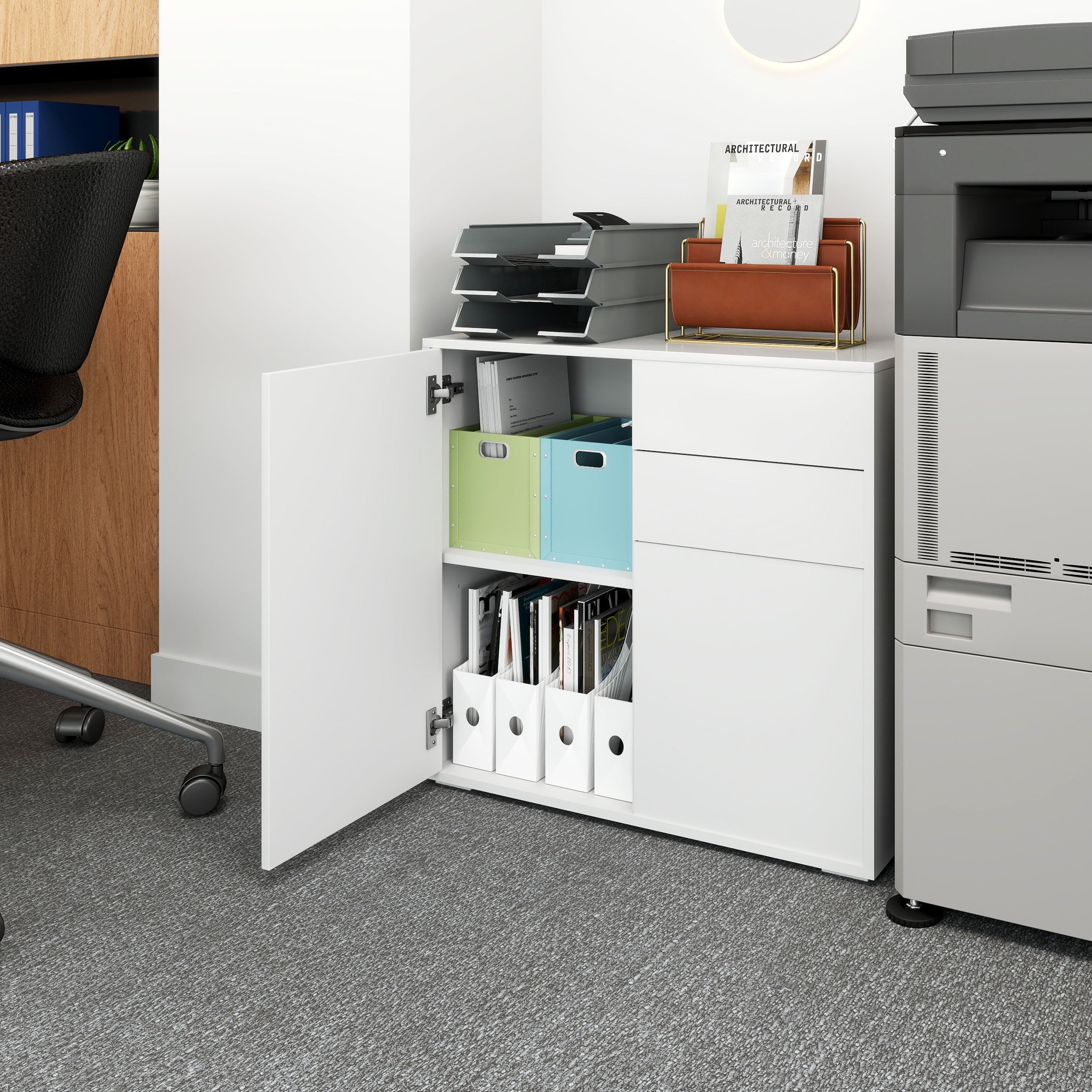 High Gloss Buffet Sideboard with 2 Drawers, 2 Doors and Adjustable Shelf, Kitchen Storage Cabinet with Push Open Design, White