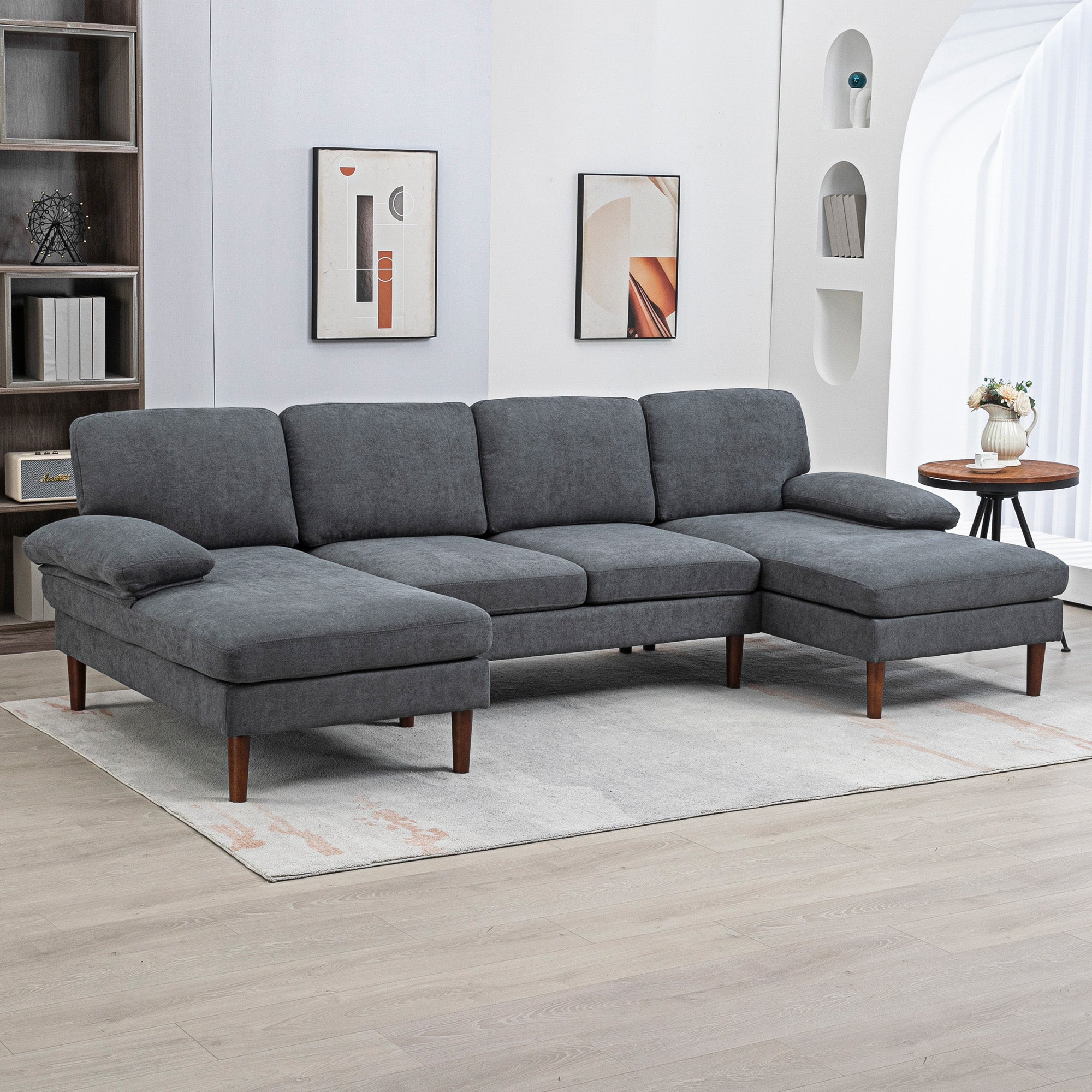 U Shape Couch with Double Chaise Lounge, Modern 4 Seater Sofa with Wooden Legs, Fabric Sofa for Living Room, Dark Grey