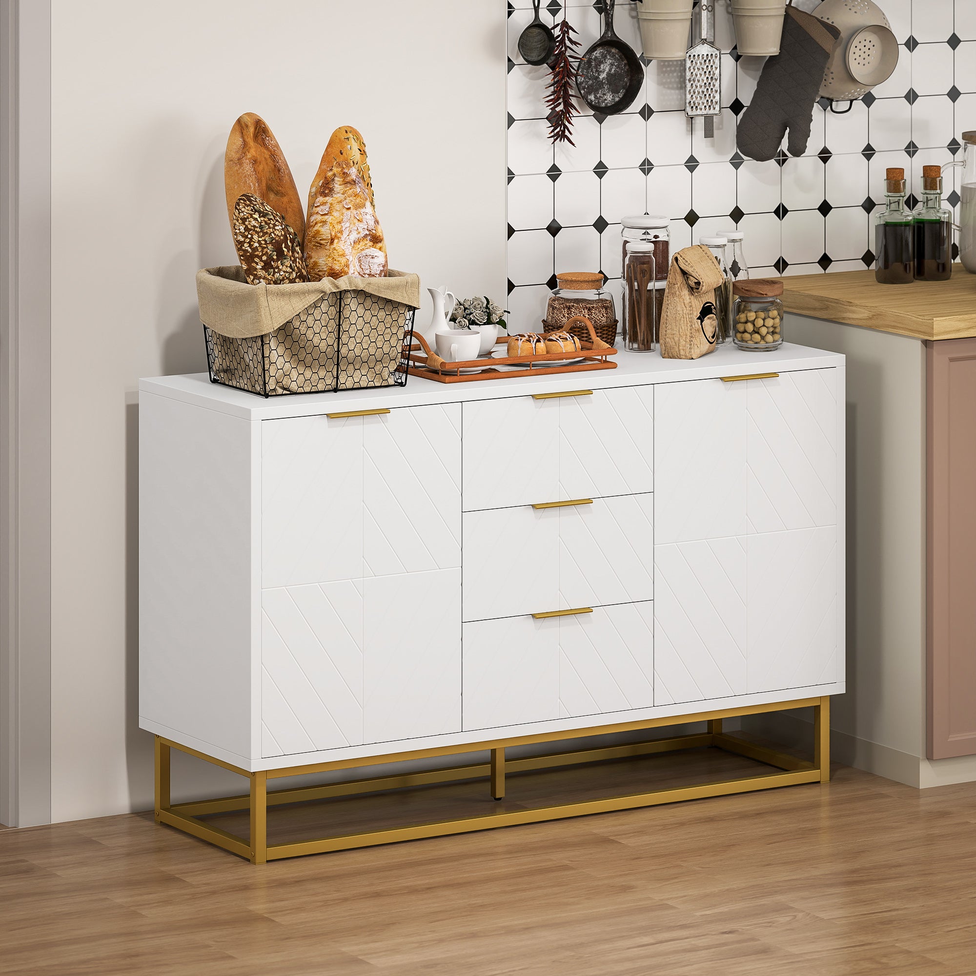 47" Storage Cabinet with Doors, Adjustable Shelves, Metal Legs for Kitchen Storage, Home Use, White